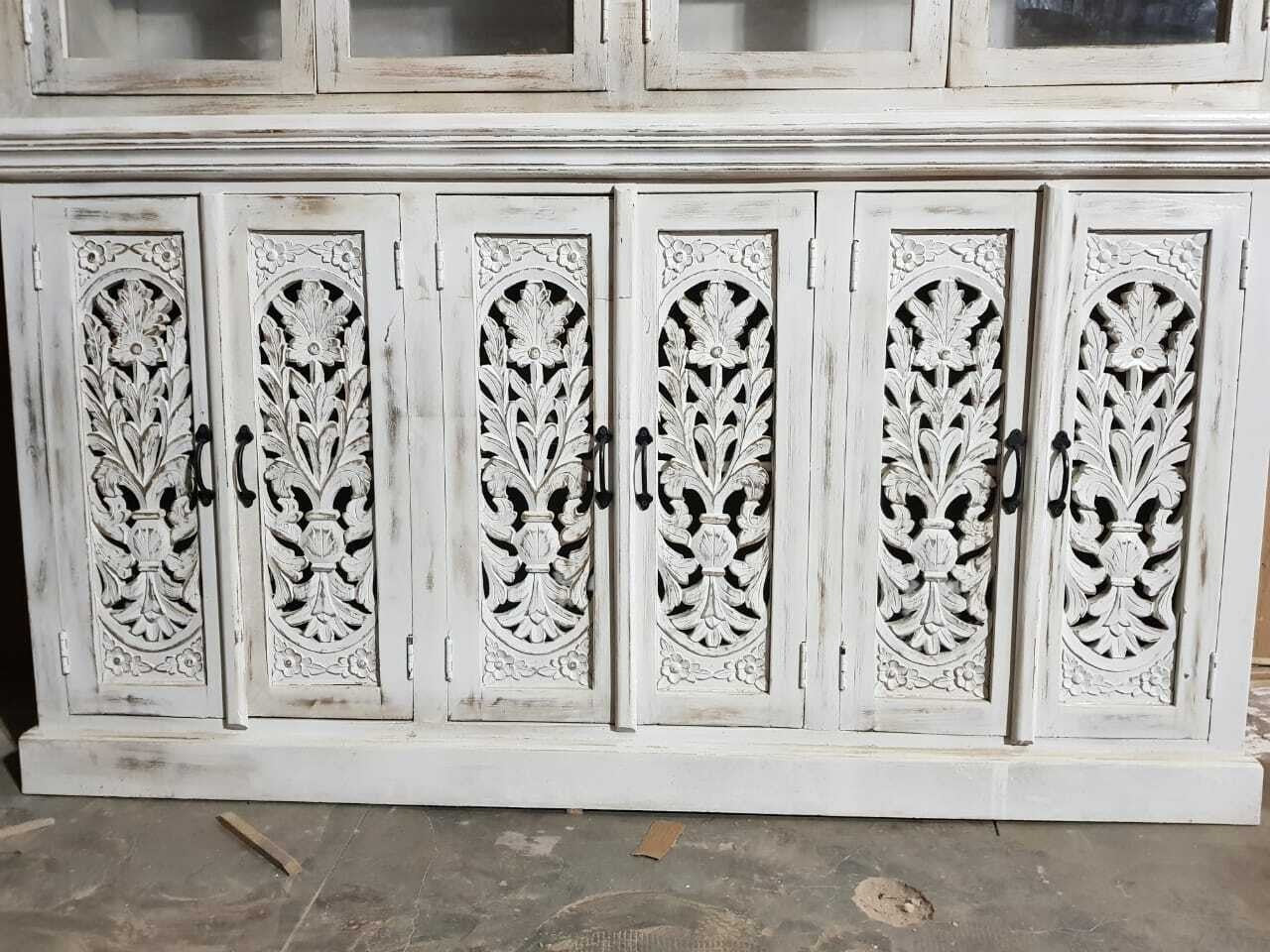 Hand Carved Indian Solid Wood Buffet Cabinet Sideboard Hutch - White | Rustic Dining Room Storage Furniture for Home Decor & Entertaining