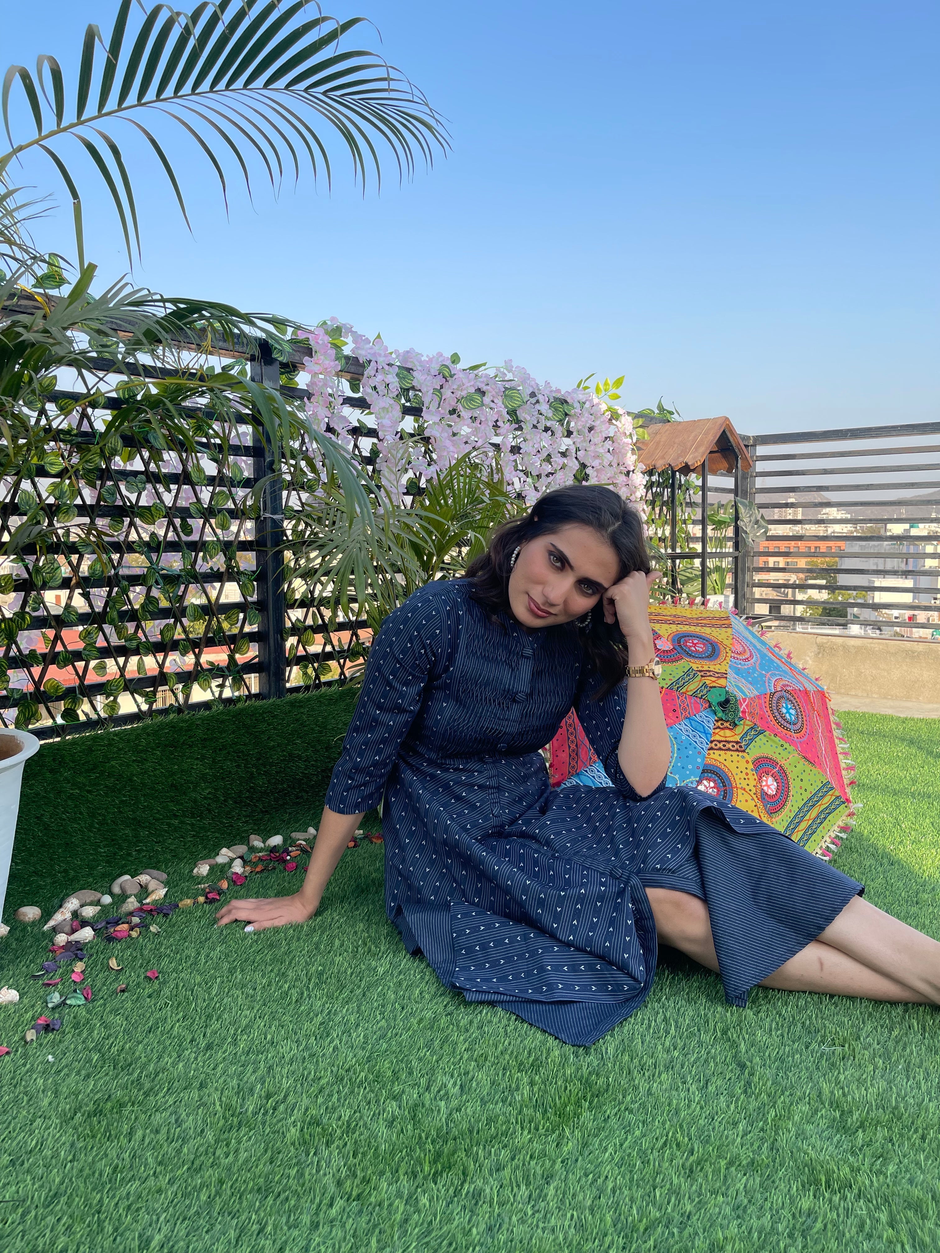 Blue Yoke Pleated Cotton Dress for Women - Summer Casual & Office Wear - Comfortable & Stylish Midi Dress