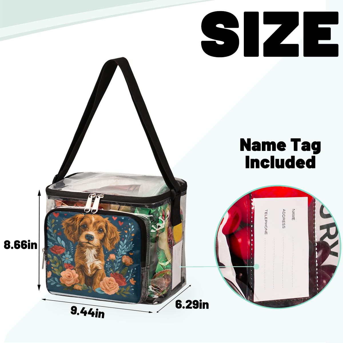 Valentine's Day Clear Tote Bag with Handles - Transparent Crossbody Shoulder Bag for Dog Lovers | Perfect for Lunch, Outdoor Travel, Picnic, Concerts & Sports Events | Stadium Approved Multi-Purpose Purse