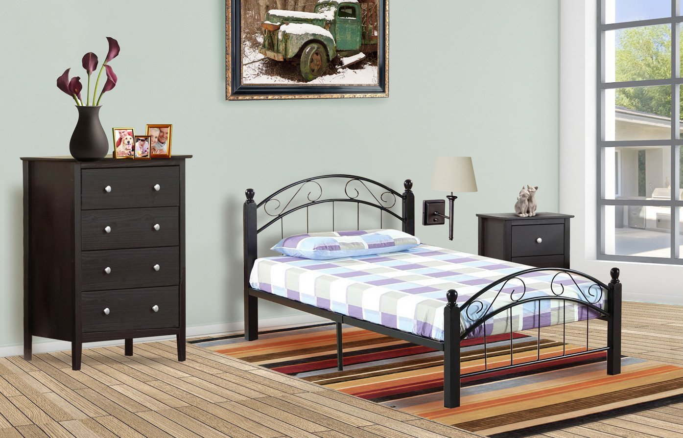 Black Metal Platform Bed Frame with Wooden Posts - Sturdy Modern Design for Bedroom, Guest Room, or Dorm
