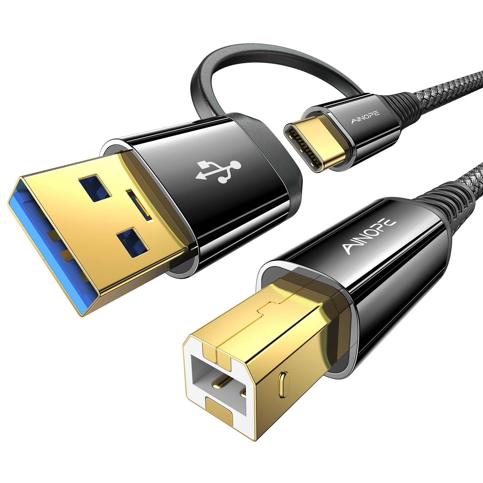 AINOPE 6.6ft USB C to USB B Printer Cable - USB 2.0 Braided Nylon Cord for MacBook Pro, Yamaha, Casio Digital Piano & MIDI Controllers | Durable Fast Charging for Home Office & Music Studio Use