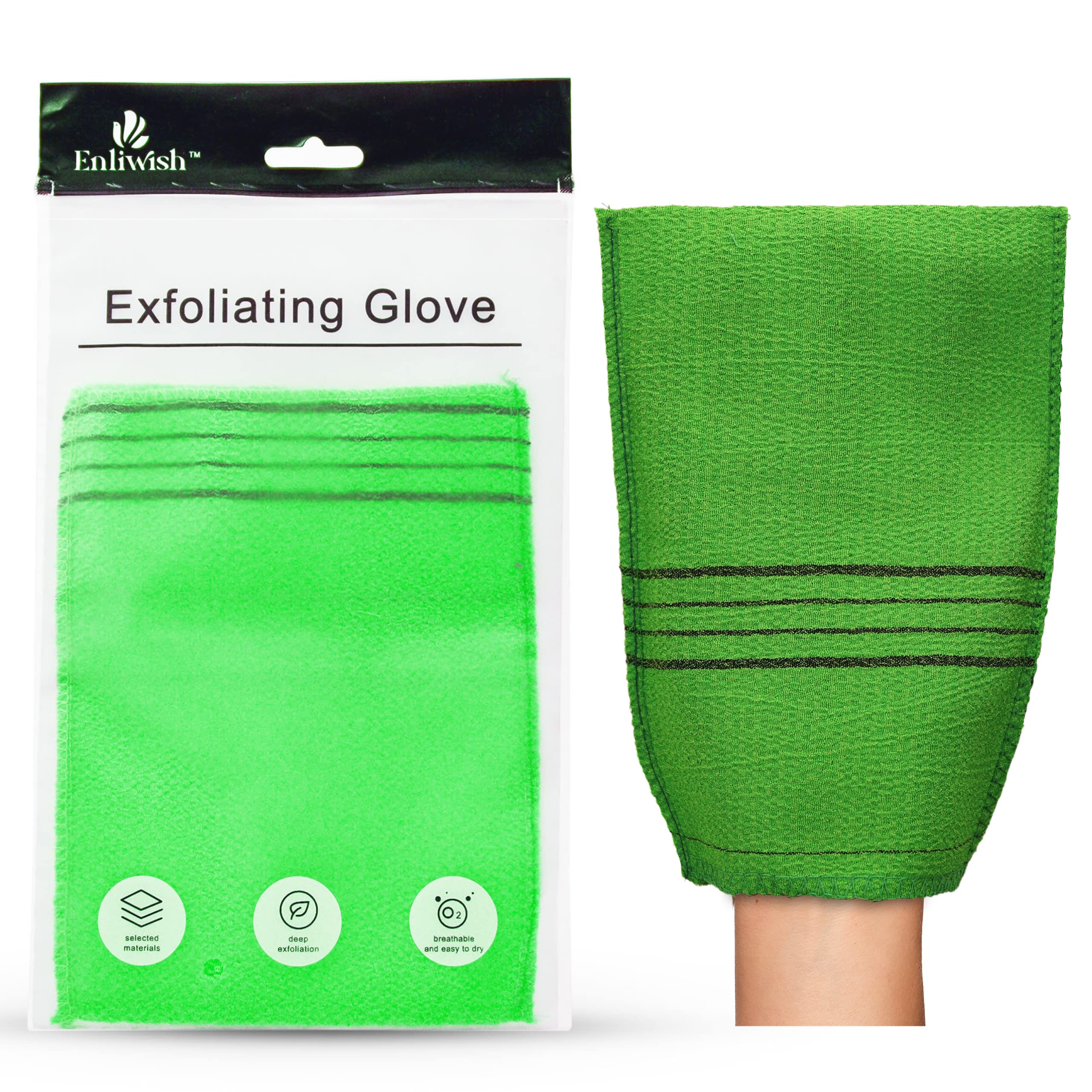 ENLIWISH Korean Exfoliating Bath Gloves 2Pcs - Soft Body Scrubber for Smooth Skin, Shower & Spa Exfoliation, Green - Perfect for Korean Skincare Routine & Dead Skin Removal