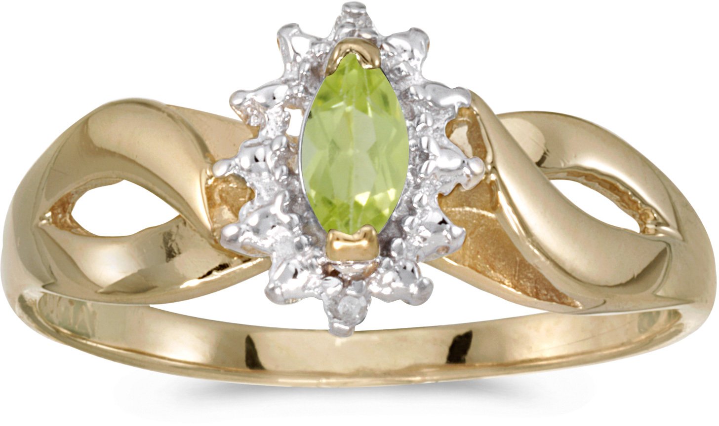10K Yellow Gold Marquise Peridot and Diamond Ring for Women - Elegant Birthstone Jewelry Gift for Anniversary, Engagement or Special Occasions