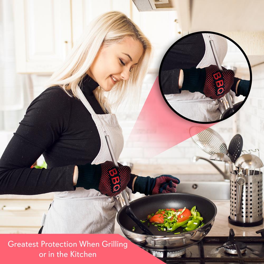 Heat Resistant BBQ Grill Gloves - Heavy Duty Oven Mitts for Grilling, Smoking & Cooking - Extra Long Protection for Hands & Forearms - Perfect for Outdoor BBQ, Camping & Kitchen Use