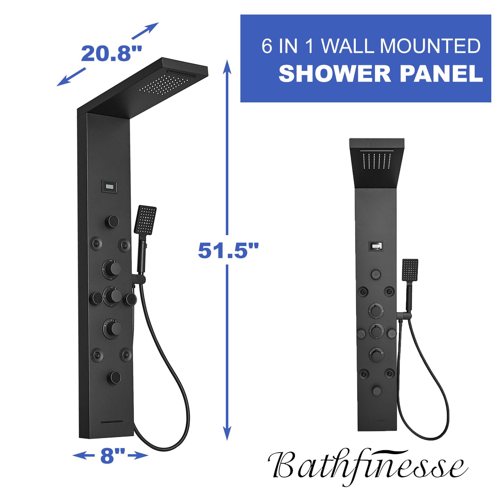 6-in-1 Matte Black Shower Tower Panel System with Rainfall Shower Head, Body Spray Jets, Waterfall & Temperature Display - Perfect for Spa-Like Bathroom Experience & Luxury Home Renovation