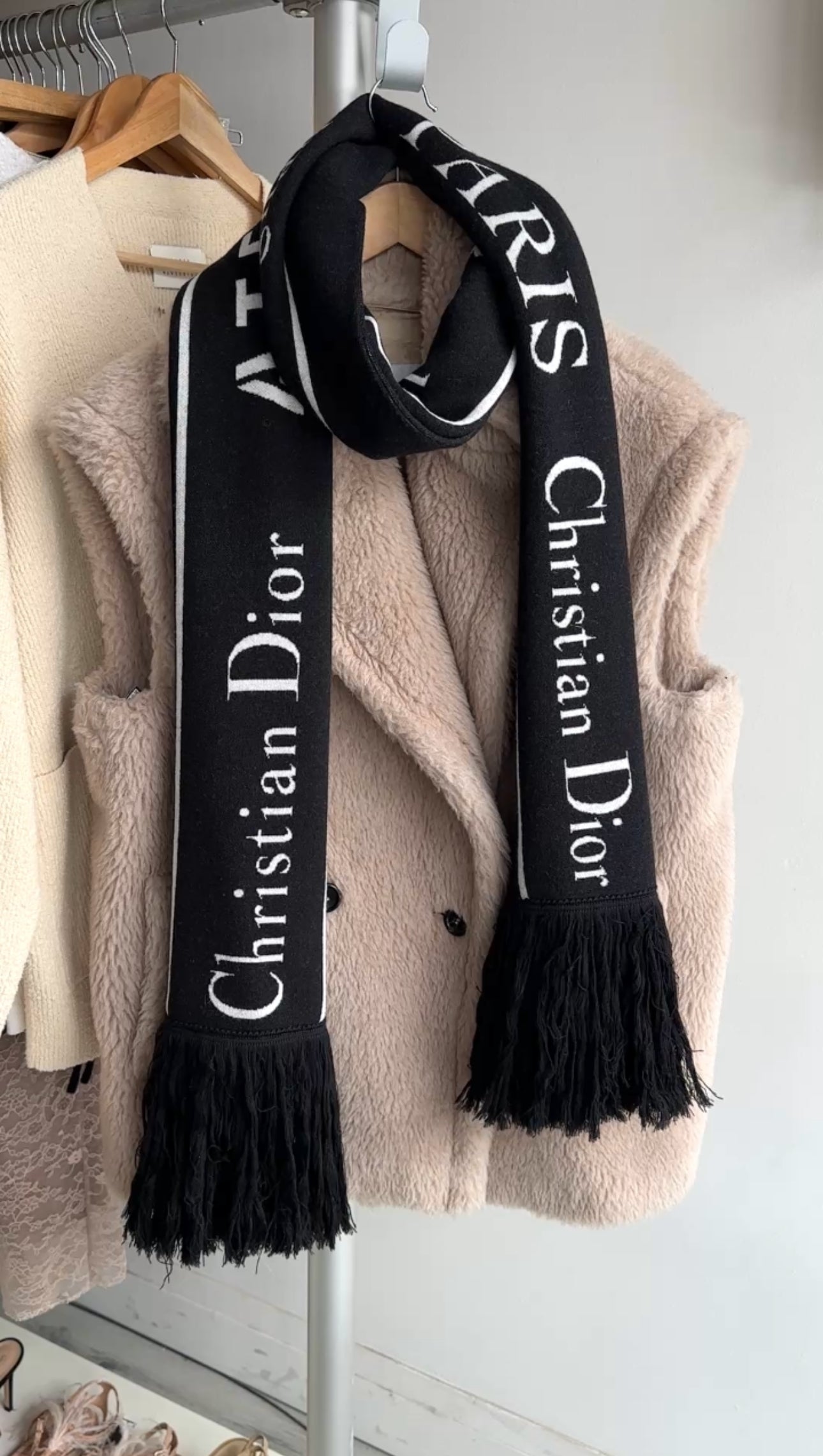 Christian Dior Black and White Knit Long Scarf - Luxury Cashmere Wrap for Women, Fashionable Winter Accessory for Office, Travel and Special Occasions