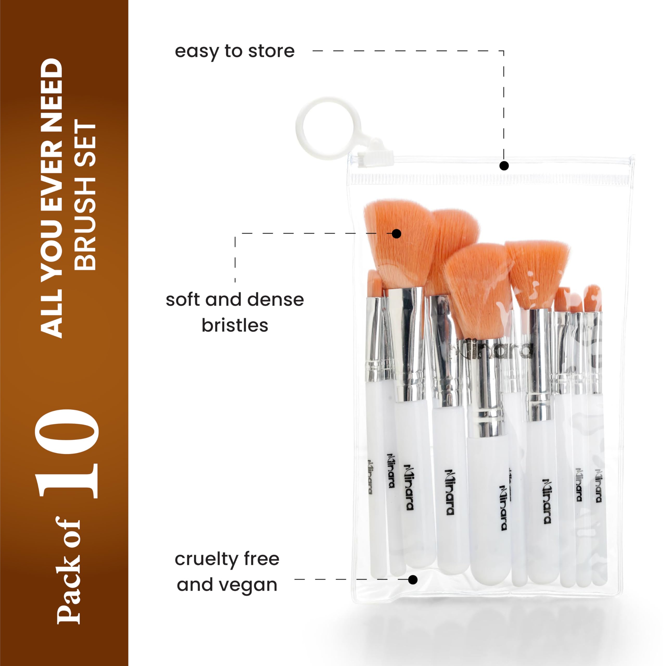 Minara 10-Piece Makeup Brush Set with Travel Pouch (White) | Professional Foundation & Eyeshadow Brushes Kit | Portable Cosmetic Brush Organizer for Women | Perfect for Travel, Home Makeup & Professional Use
