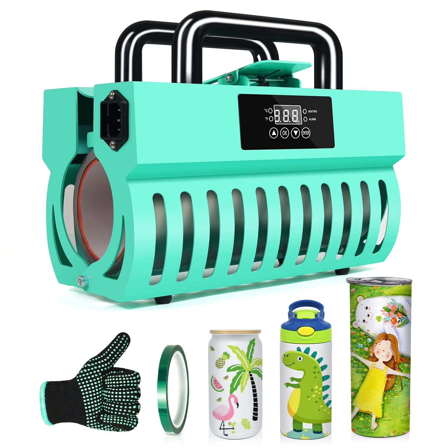 Realkant 110V Tumbler Heat Press Machine for Sublimation - Fits 11-15oz Mugs, 20oz & 30oz Skinny Straight Tumblers & Glass Jars - Includes Heat Tape & Gloves (Green) - Perfect for DIY Custom Tumblers, Personalized Gifts & Small Business Crafting