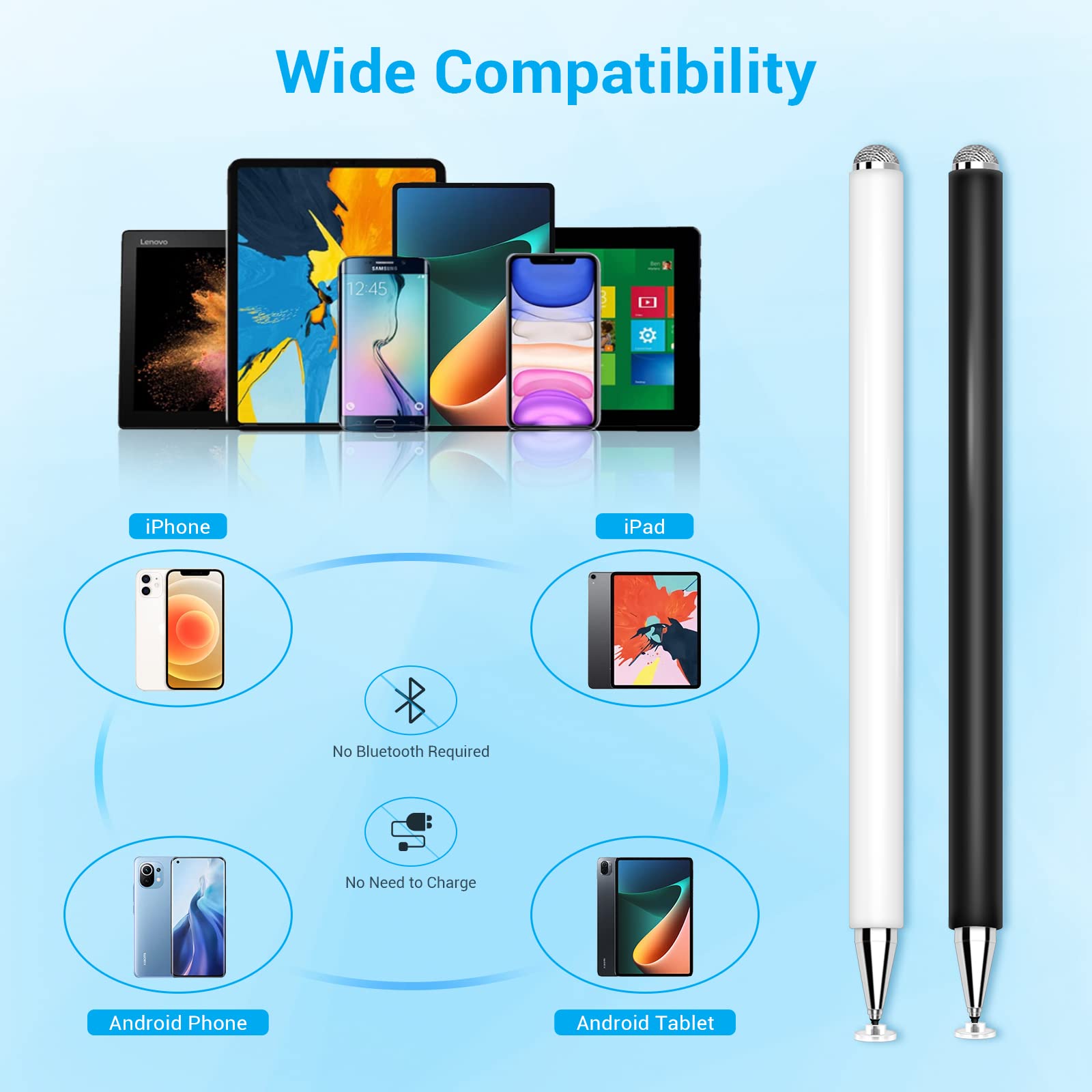Premium Stylus Pen for iPad & Touch Screens - 2-in-1 Disc/Fiber Tip Stylus Pencil with Magnetic Cap | Compatible with Apple iPad Pro/Mini/Air, iPhone, Android & Microsoft Surface | 2-Pack (White & Black) | Perfect for Drawing, Note-Taking & Digital Signatures