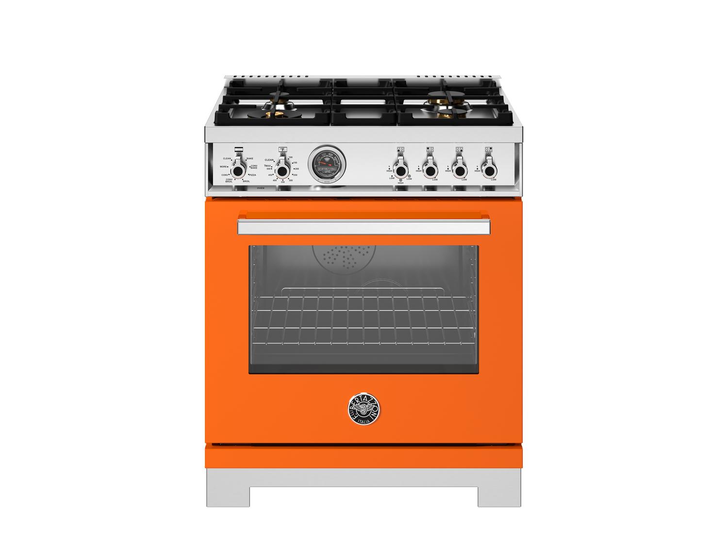Bertazzoni PRO304BFEPART 30 Inch Professional Dual Fuel Range with 4 Brass Burners & Self-Cleaning Electric Oven in Arancio Orange - Perfect for Home Chefs & Gourmet Kitchens