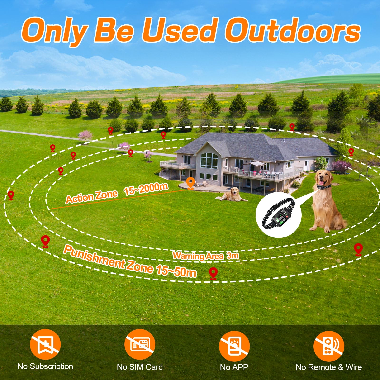 GPS Wireless Dog Fence System - 15-2000m Range Electric Pet Containment with IPX7 Waterproof Rechargeable Collar | Satellite Technology for Secure Outdoor Dog Training & Yard Safety | Perfect for Large Properties, Backyards & Farm Use
