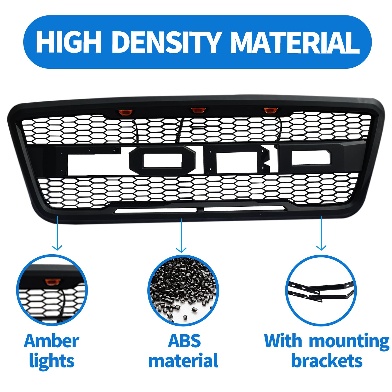 Ford F150 Front Grille Replacement 2004-2008 | Raptor Style Mesh Grill with 3 Amber LED Lights | Matte Black | Perfect for Off-Roading & Truck Customization