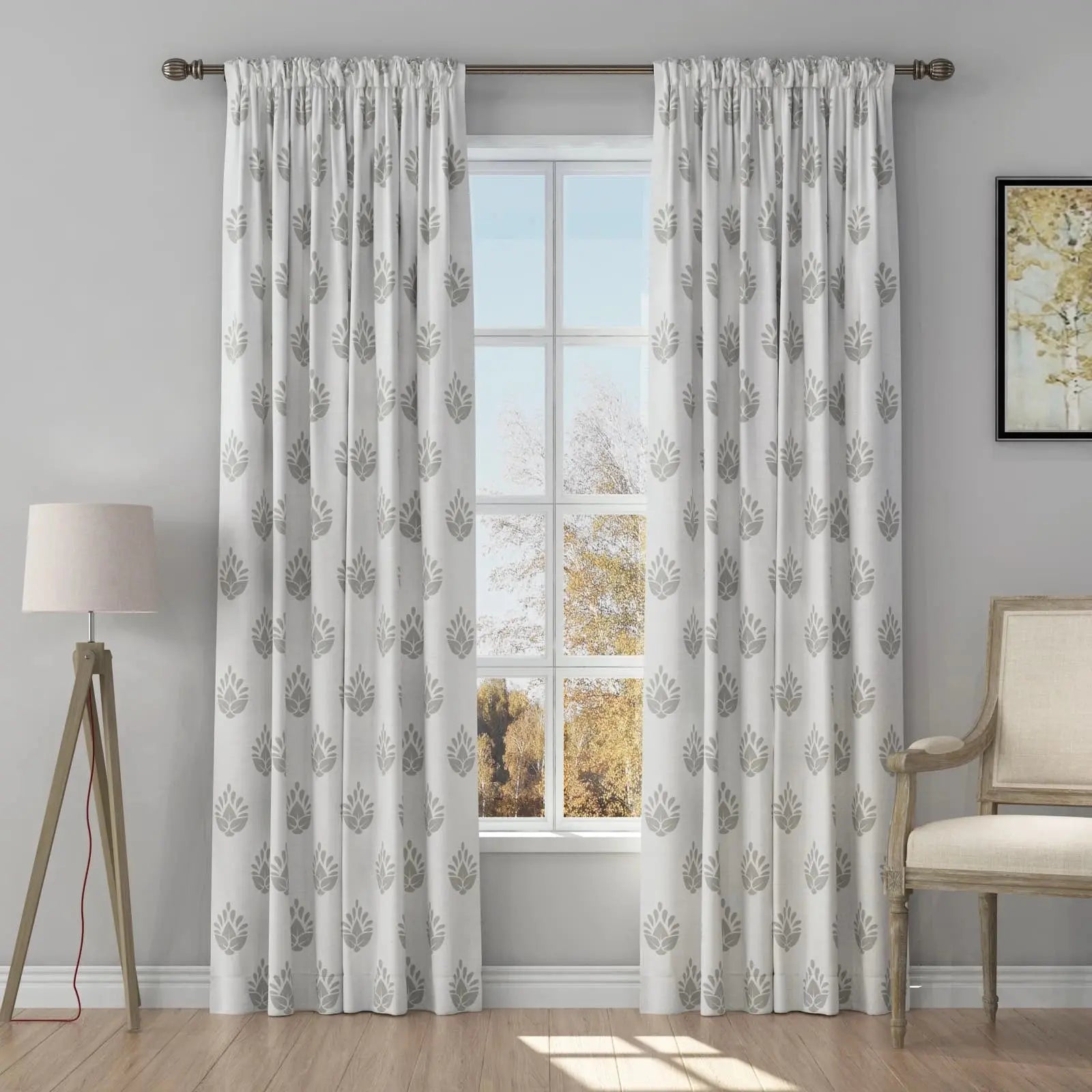 Stefana Silver Print Linen Curtains - Soft Top Blackout Drapes for Living Room & Bedroom Window Treatments