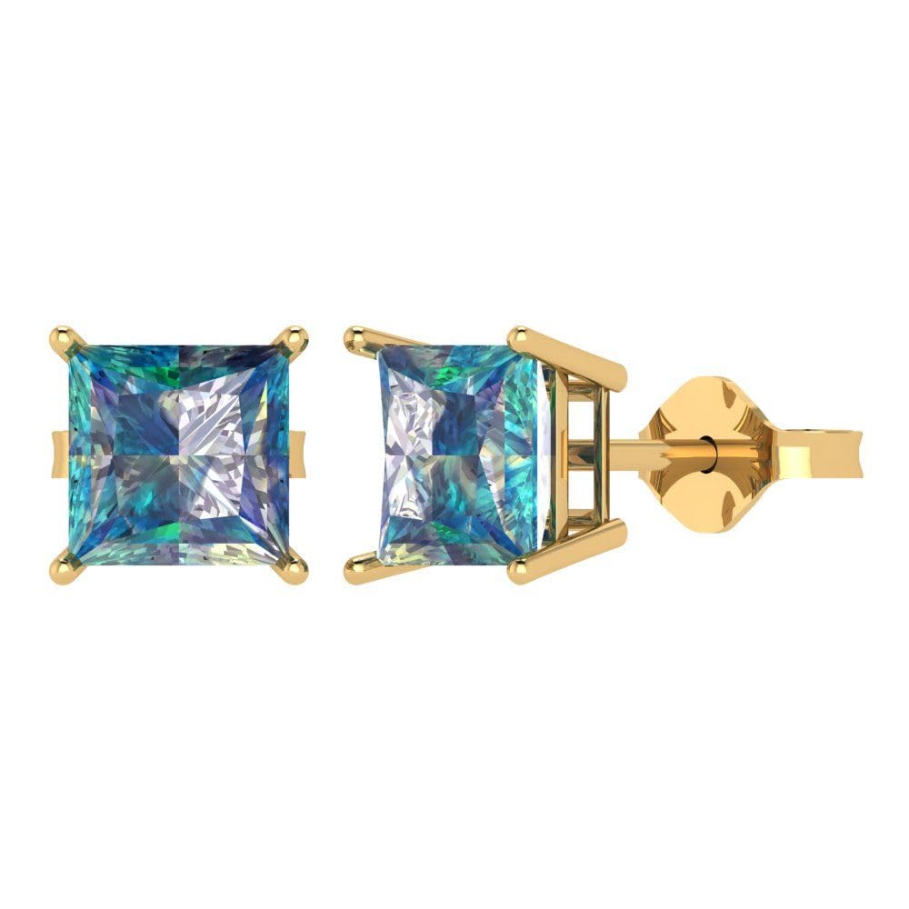 4.0 Carat Princess Cut Genuine Blue Moissanite Stud Earrings in 14K Solid Yellow Gold - Perfect for Weddings, Anniversaries & Special Occasions