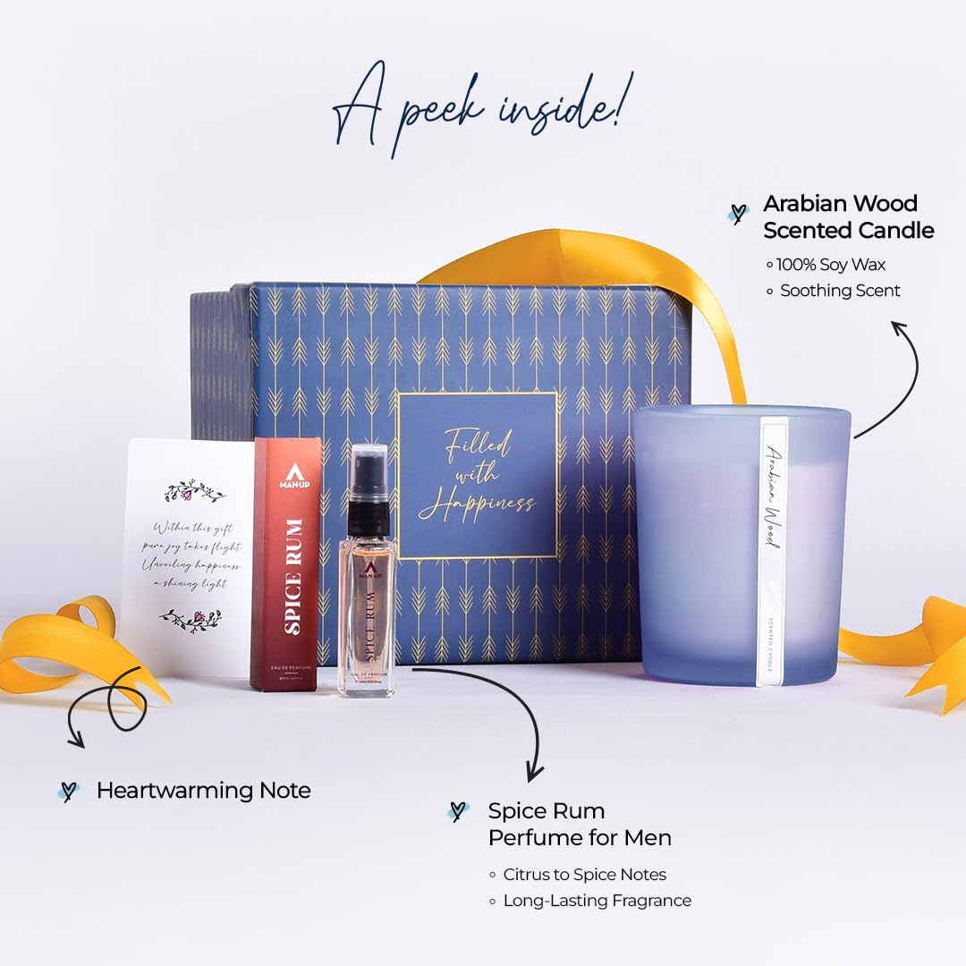 Gleevers Luxury Men's Birthday Gift Set - 2 Pack with Spice Rum Cologne (8ml) & Arabian Wood Scented Candle (250g) - Perfect Anniversary Gift for Husband, Valentine's Day Present for Boyfriend, Birthday Gift for Brother - Ideal for Romantic Evenings & Special Occasions