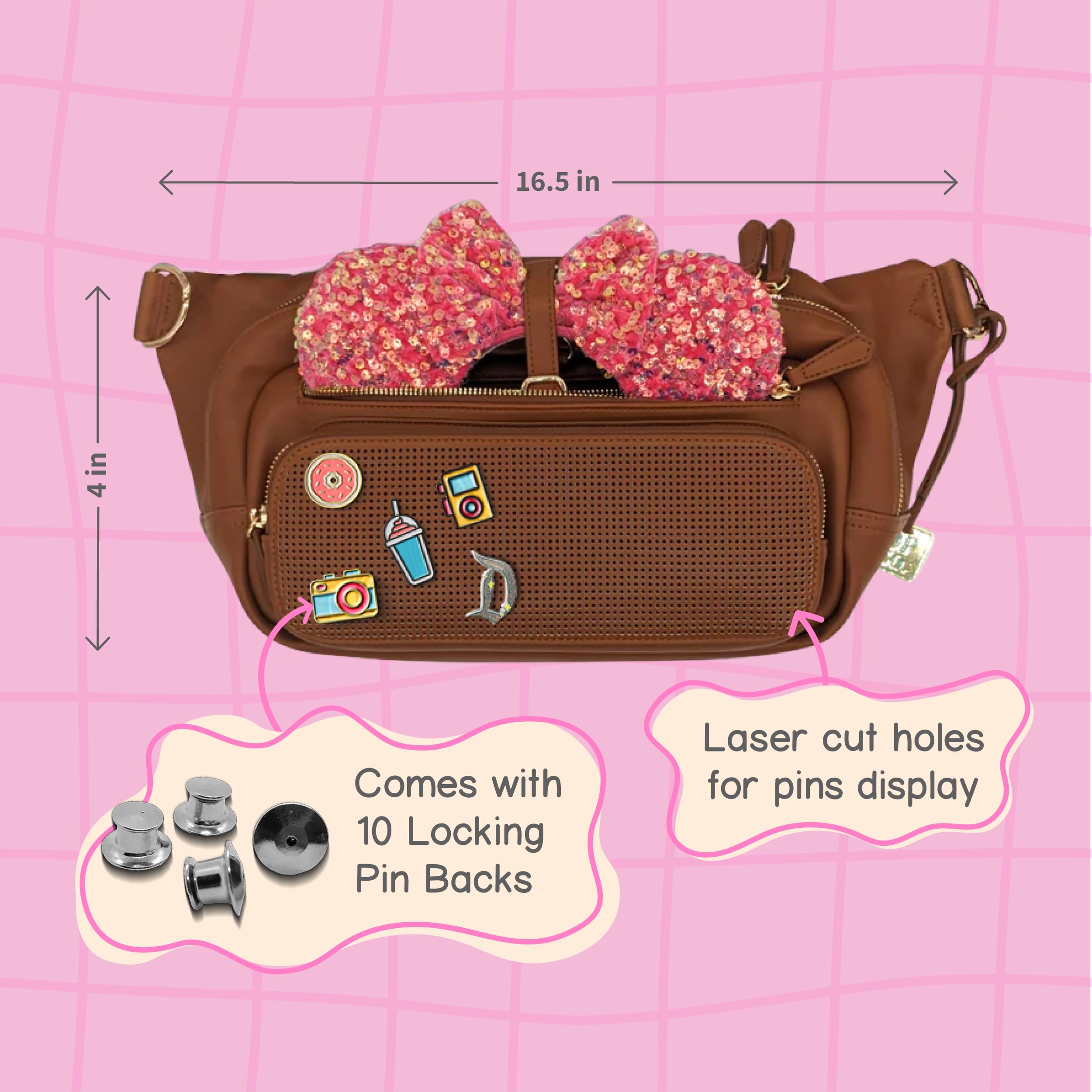Designer Park Company - Women's Leather Crossbody Bag with Adjustable Strap & Locking Pins, Fashionable Fanny Pack Sling Bag for Theme Park, Travel, Shopping & Daily Use - Fawn Brown