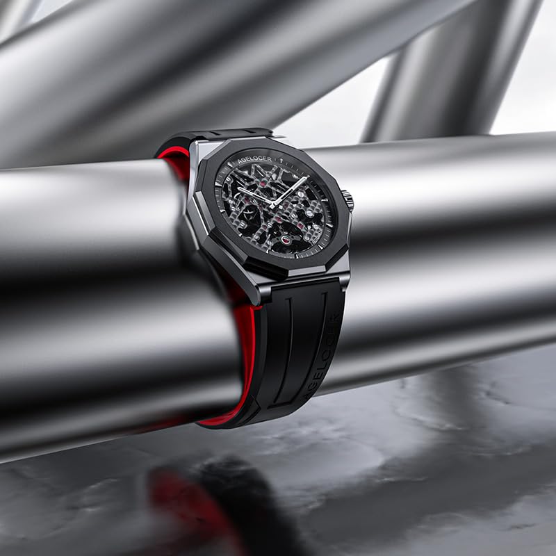 AGELOCER Men's Automatic Skeleton Watch - Mechanical Movement with Rubber Strap & Transparent Dial - Perfect for Business, Formal Events & Luxury Gift Giving