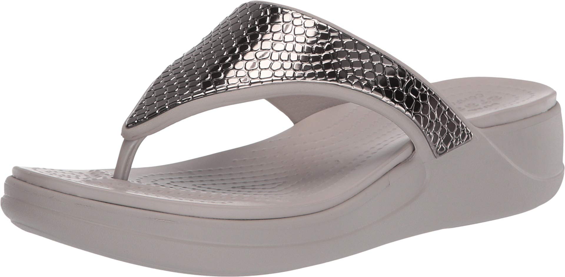Crocs Monterey Metallic Wedge Flip Flops for Women - Silver/Platinum Size 9 | Comfortable Sandals for Beach, Pool & Summer Outfits