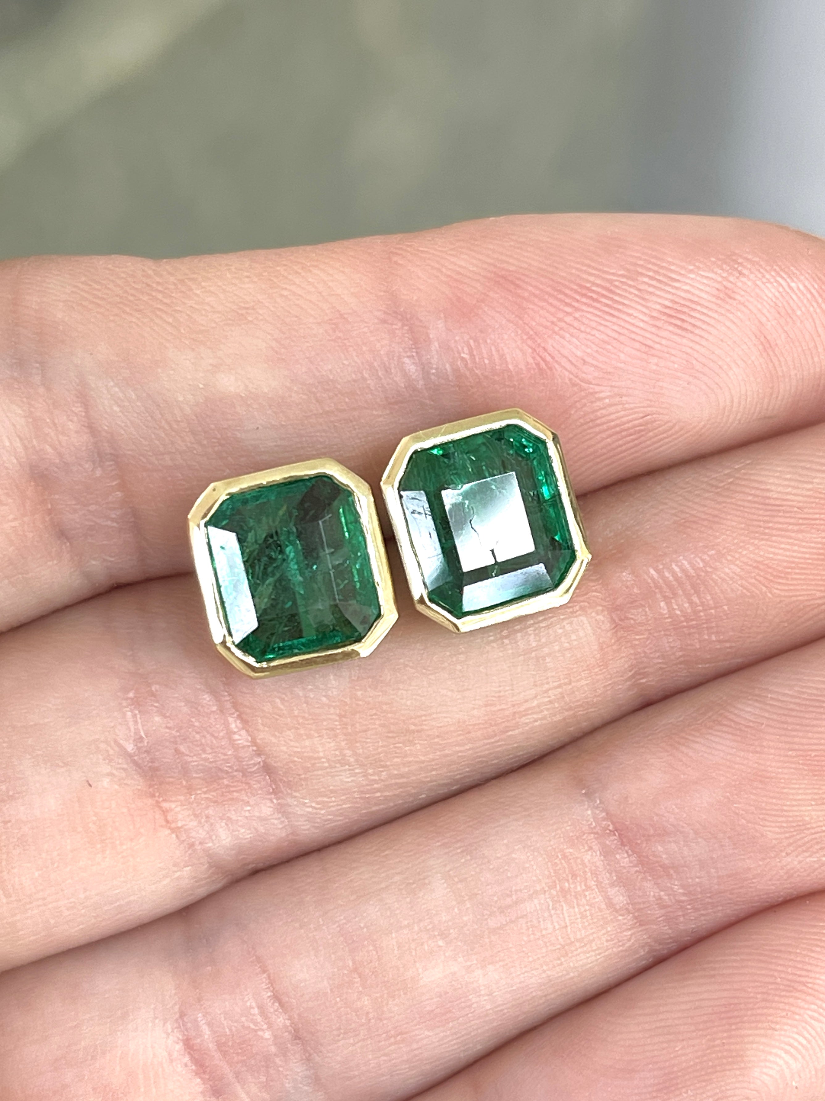 5.60tcw Classic Asscher Cut Emerald Bezel Stud Earrings in 18K Gold - Elegant Jewelry for Weddings, Parties & Special Occasions