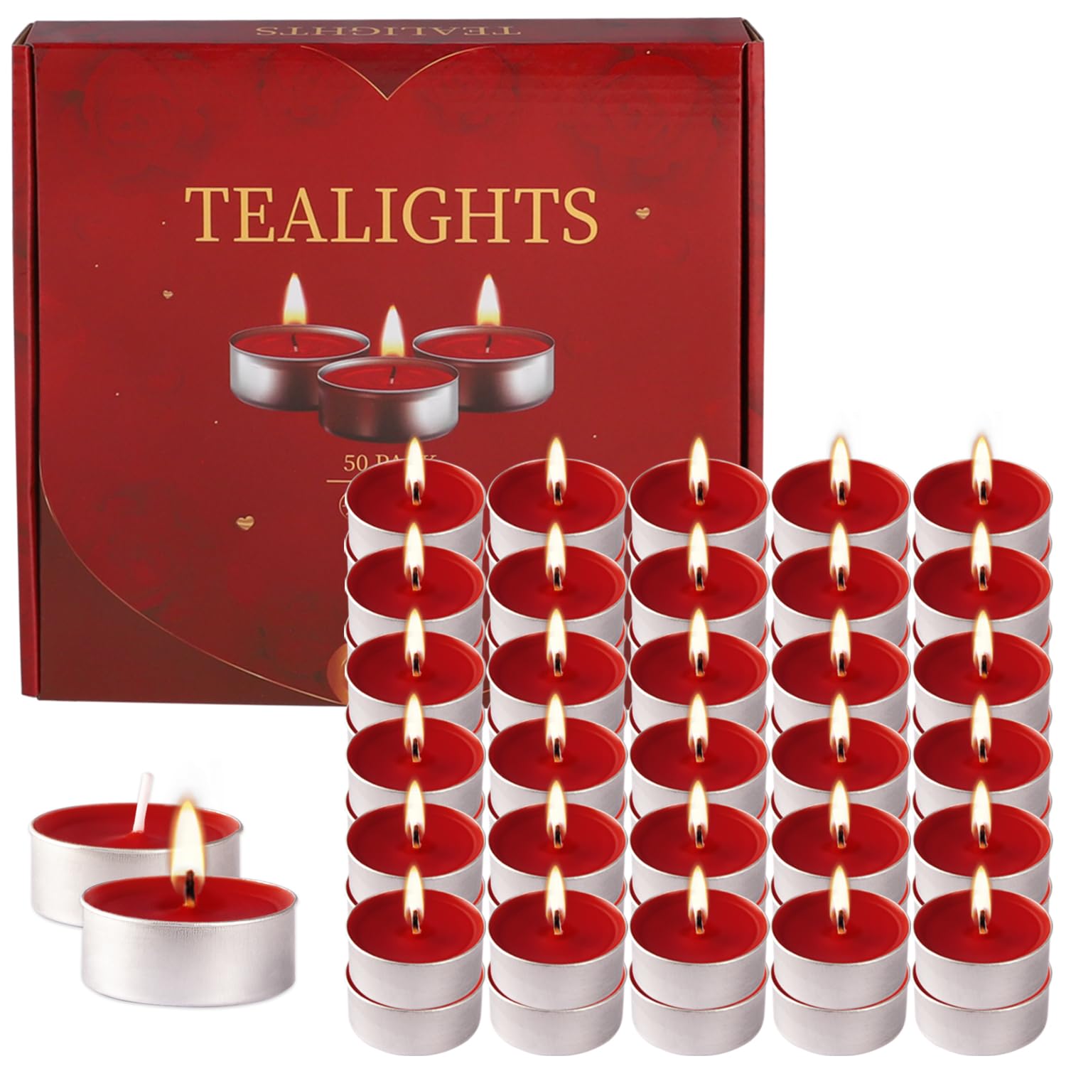 50-Pack Unscented Red Tealight Candles - Smokeless, Dripless, Long-Lasting 4-Hour Burn - Perfect for Emergency Kits, Romantic Dinners, Wedding Decor, Church Events & Party Centerpieces