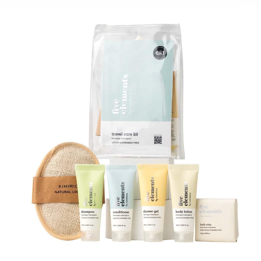 Kimirica Luxury Travel Kit - 6-in-1 Vegan Bath & Body Care Set with Reusable Pouch | Five Elements Aromatherapy Essentials for Vacation, Business Trips & Gifts