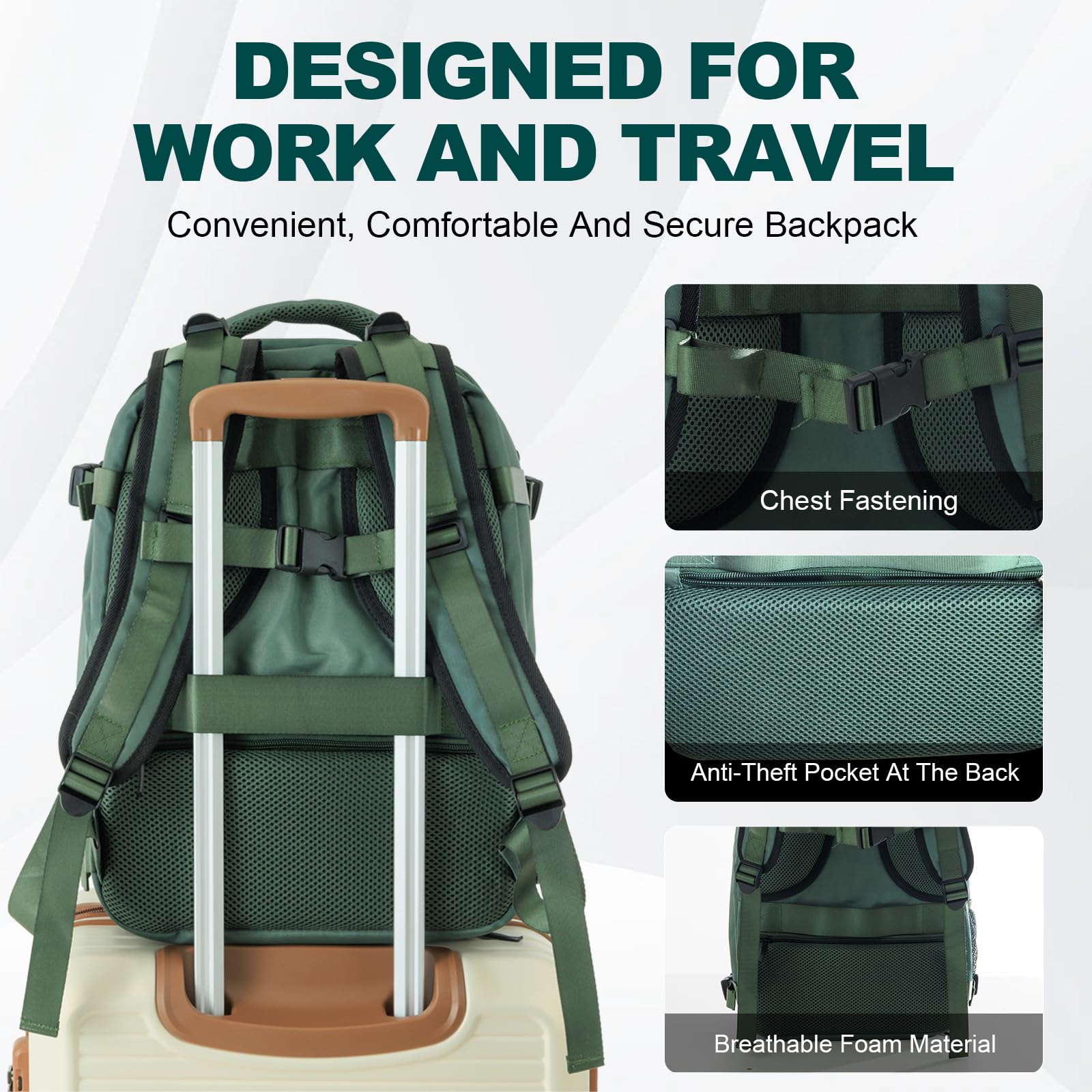 Stylish Travel Backpack for Business & Carry-On - Large Modern Laptop Bag with Green Color | Perfect for Air Travel, Commuting & Weekend Getaways