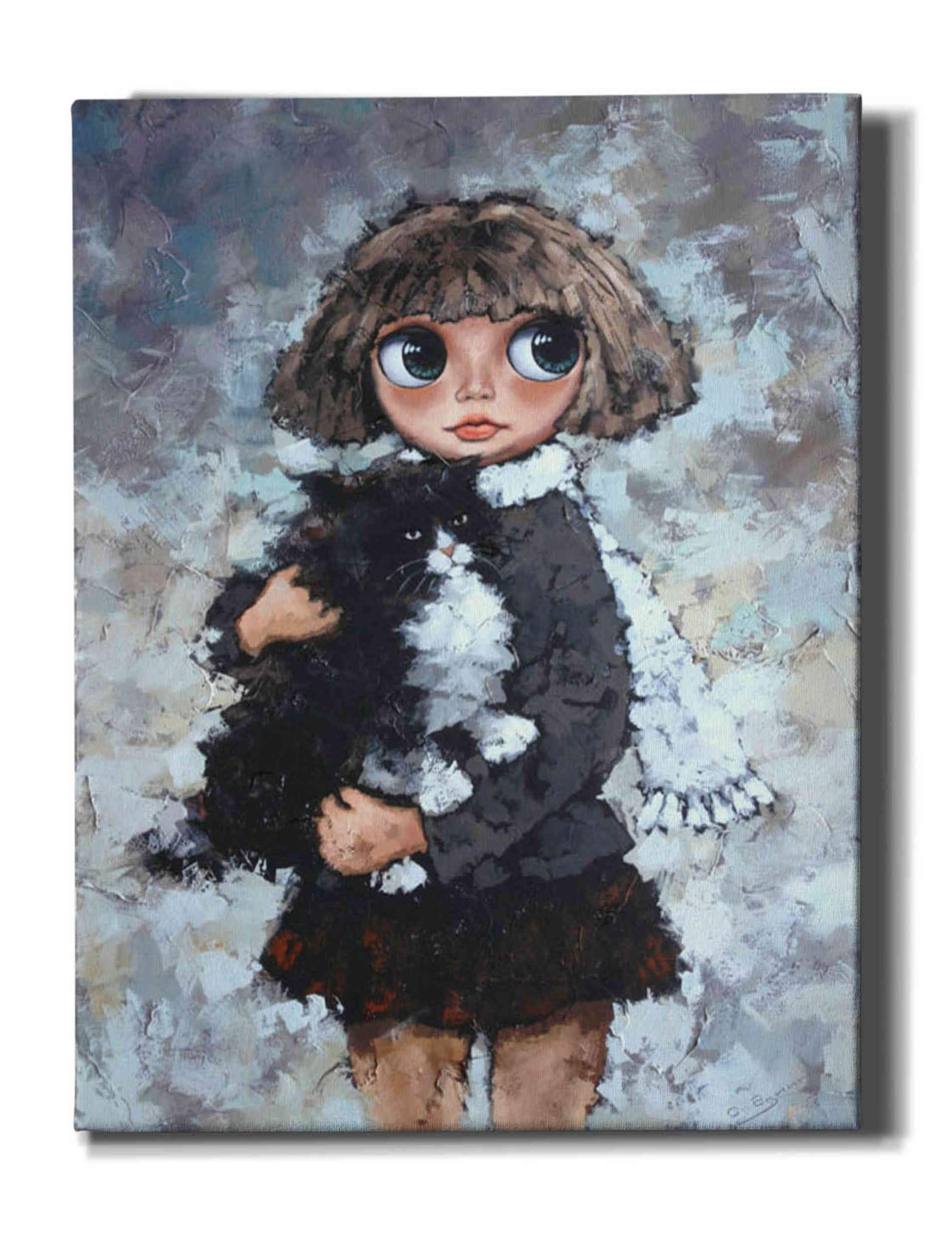 Alexander Gunin 'Girl With Cat' Canvas Wall Art Print 26x34 Inches - Perfect for Living Room, Bedroom & Home Decor