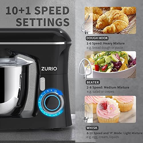 Zurio 6-Quart Stand Mixer - 10-Speed Tilt-Head Electric Kitchen Mixer with Stainless Steel Bowl & Dishwasher-Safe Attachments - Perfect for Baking Cakes, Cookies, Bread & More at Home