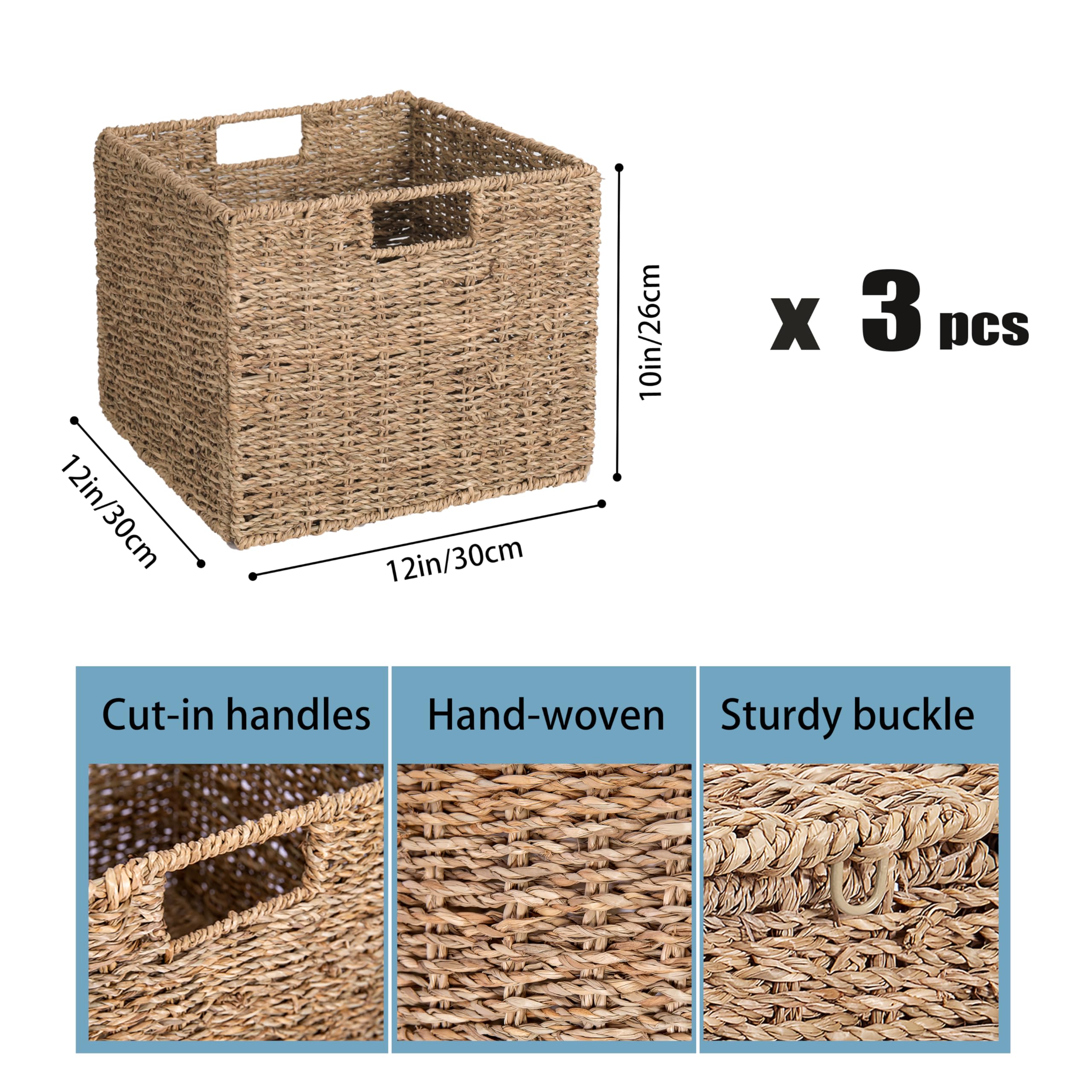 Seagrass Storage Baskets Set of 3 - 12x12x10 Inch Woven Cube Bins for Home Organization | Perfect for Pantry, Kitchen, Bathroom & Shelf Storage | Natural Fiber Decorative Baskets for Clutter-Free Living Spaces