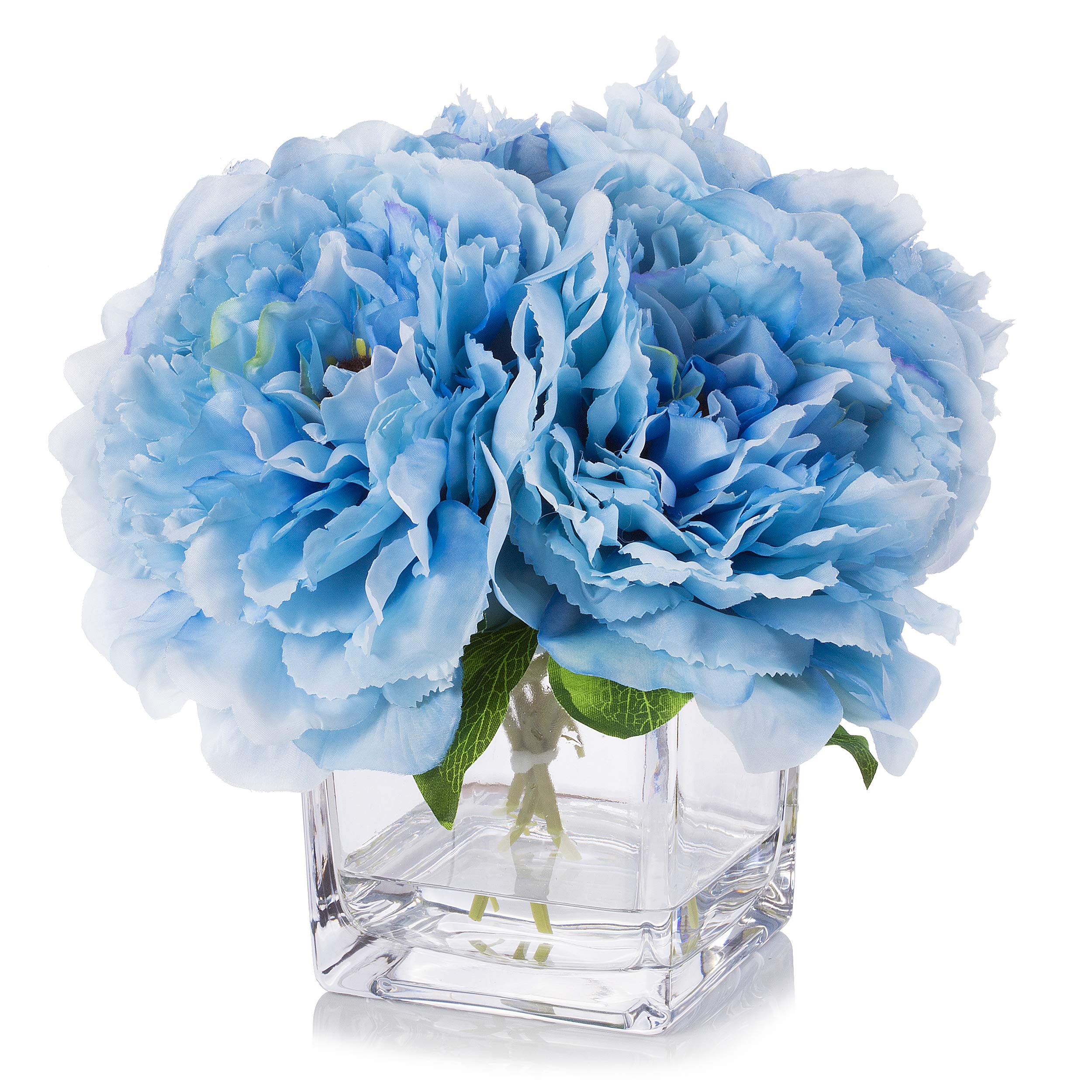 Enova Home Silk Peony Flower Arrangement in Glass Cube Vase with Faux Water - Elegant Blue Artificial Flowers for Wedding Centerpiece, Home Table Decor, Office & Living Room Decoration