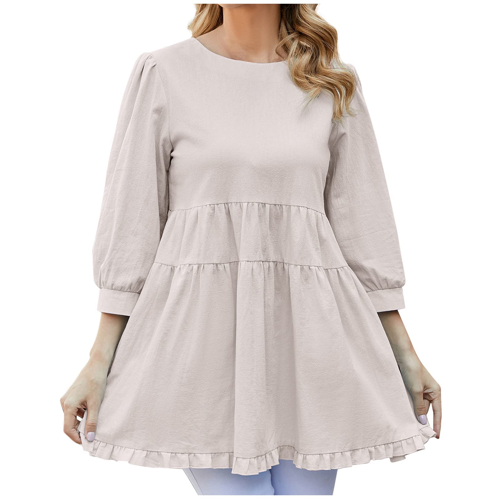 Jsarle Plus Size Summer Dress for Women - Round Neck 3/4 Sleeve Ruffled Swing Dress, Casual Babydoll Wedding Guest Outfit - Perfect for Beach Vacations, Garden Parties & Date Nights