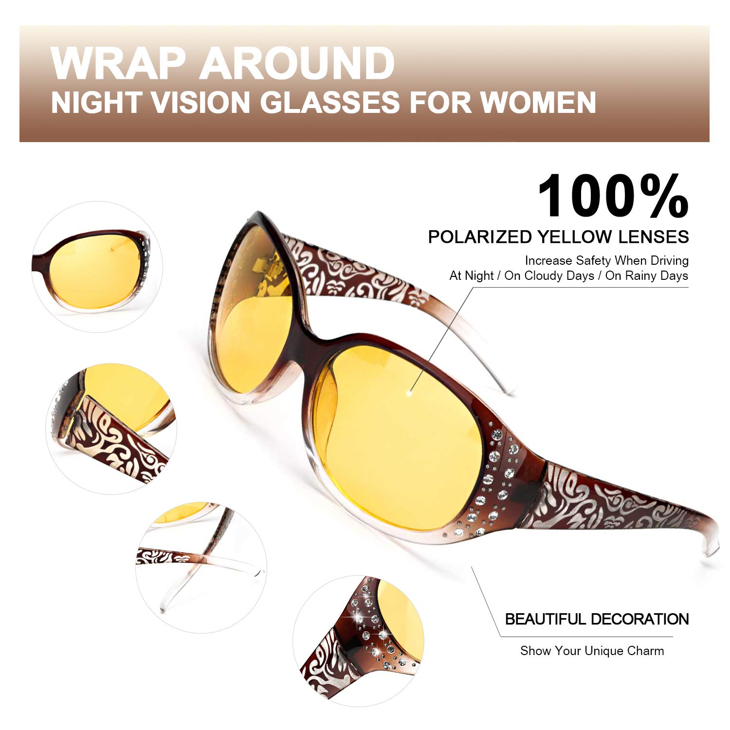 Women's Polarized Night Driving Glasses - Anti Glare Yellow Lenses for Safe Night Vision