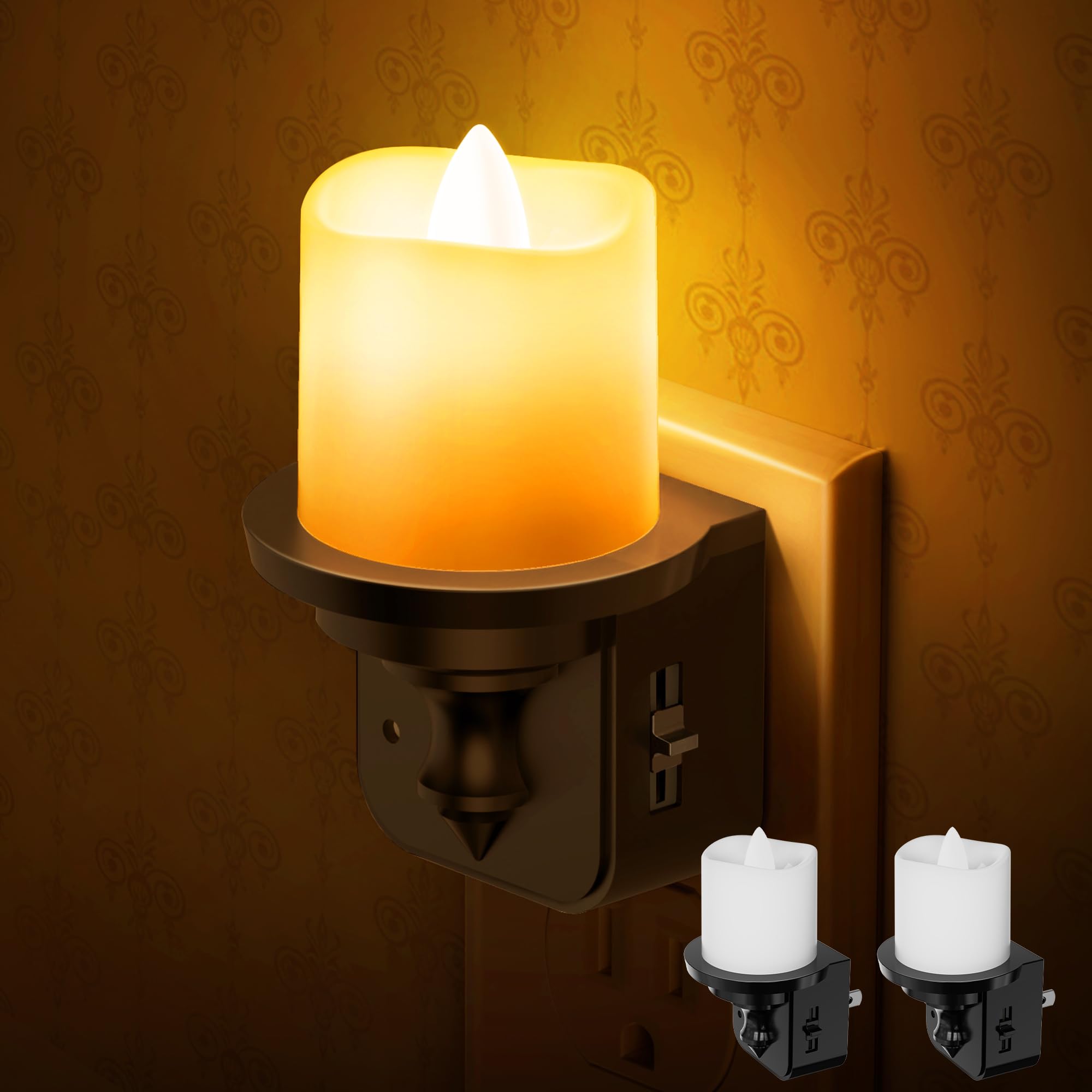 Dimmable LED Flameless Candle Night Light Plug-in with Light Sensor (2 Pack) - 0-100LM Amber Nightlight for Kids, Hallway, Bathroom - Perfect for Bedrooms, Nurseries & Home Decor