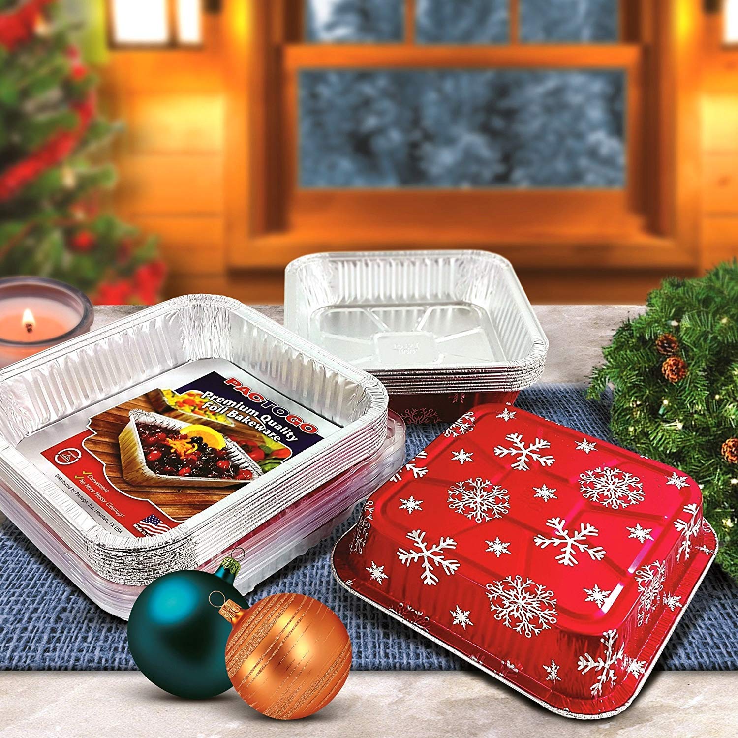 Premium Red Christmas Square Cake Pans with Clear Dome Lids - 100 Pack Disposable Aluminum Foil Baking Tins for Holiday Desserts, Party Catering & Home Baking