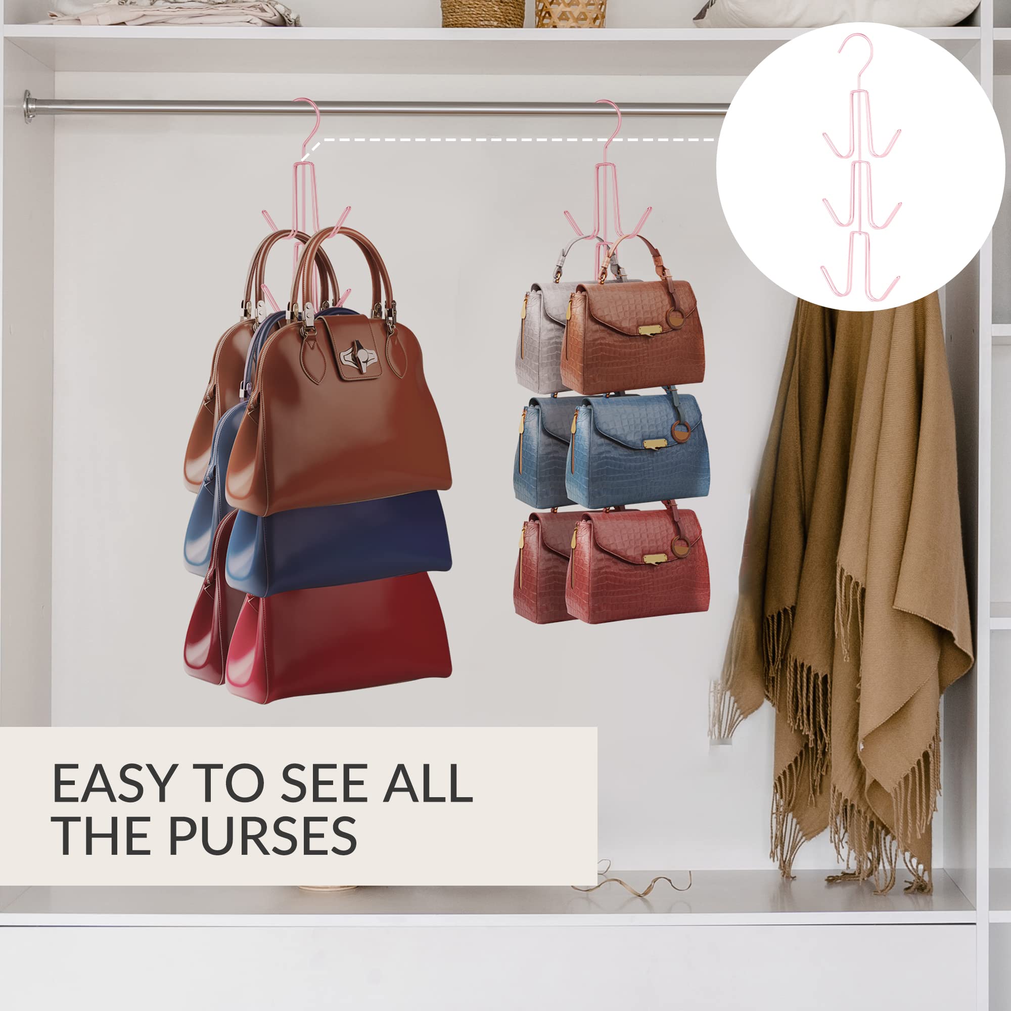 ZEDODIER 4-Pack Metal Purse Hanger Organizer for Closet - Space Saving Handbag & Backpack Storage Hook Rack to Keep Purses Visible & Protected (Pink) - Perfect for Bedroom, Walk-In Closet & Dorm Organization
