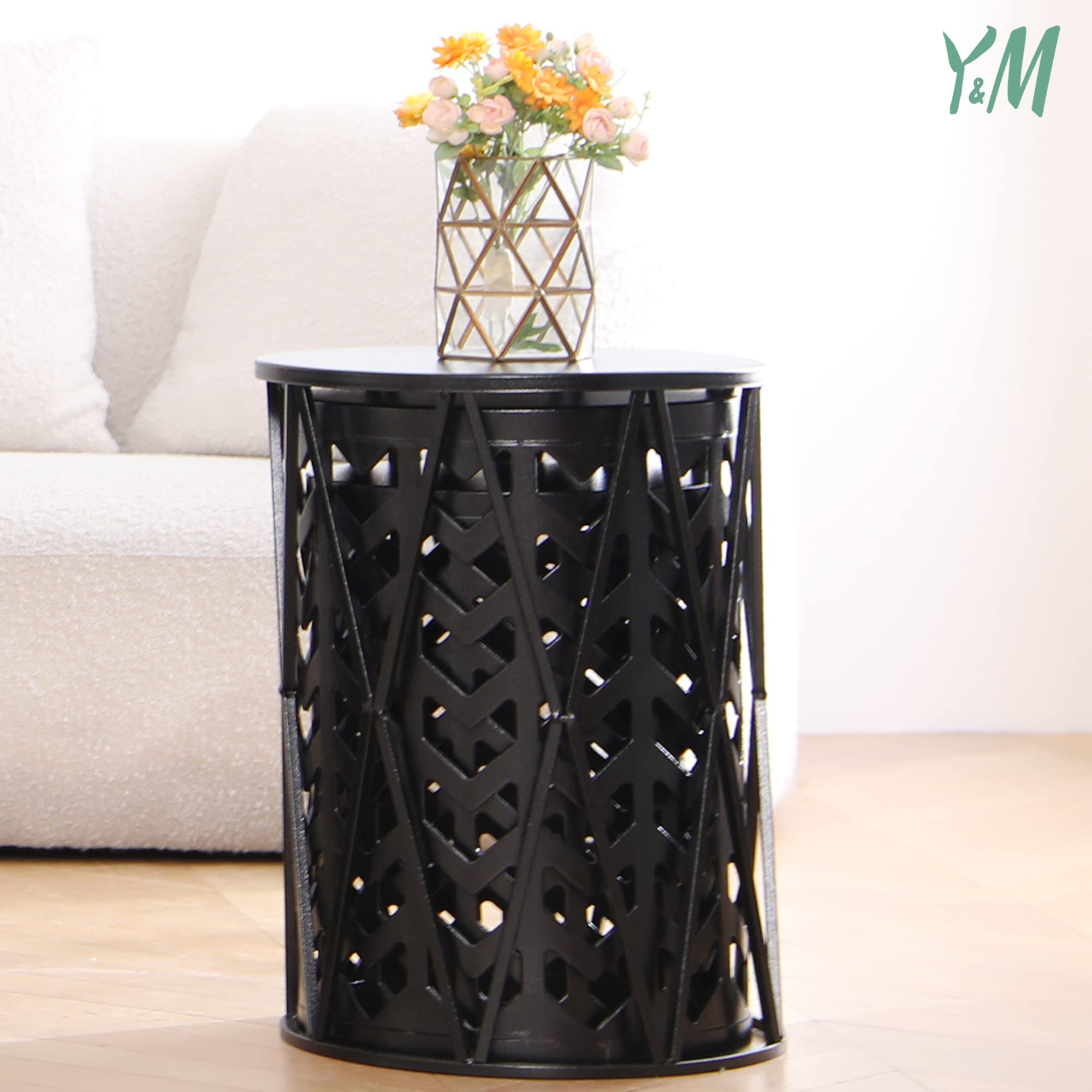 Y&M Set of 3 Round Metal Coffee Tables - Indoor Outdoor Side Tables, End Tables & Plant Stands - Heavy Duty Decorative Garden Stools in Black | Perfect for Living Room, Patio, Balcony & Backyard (Ships from USA)