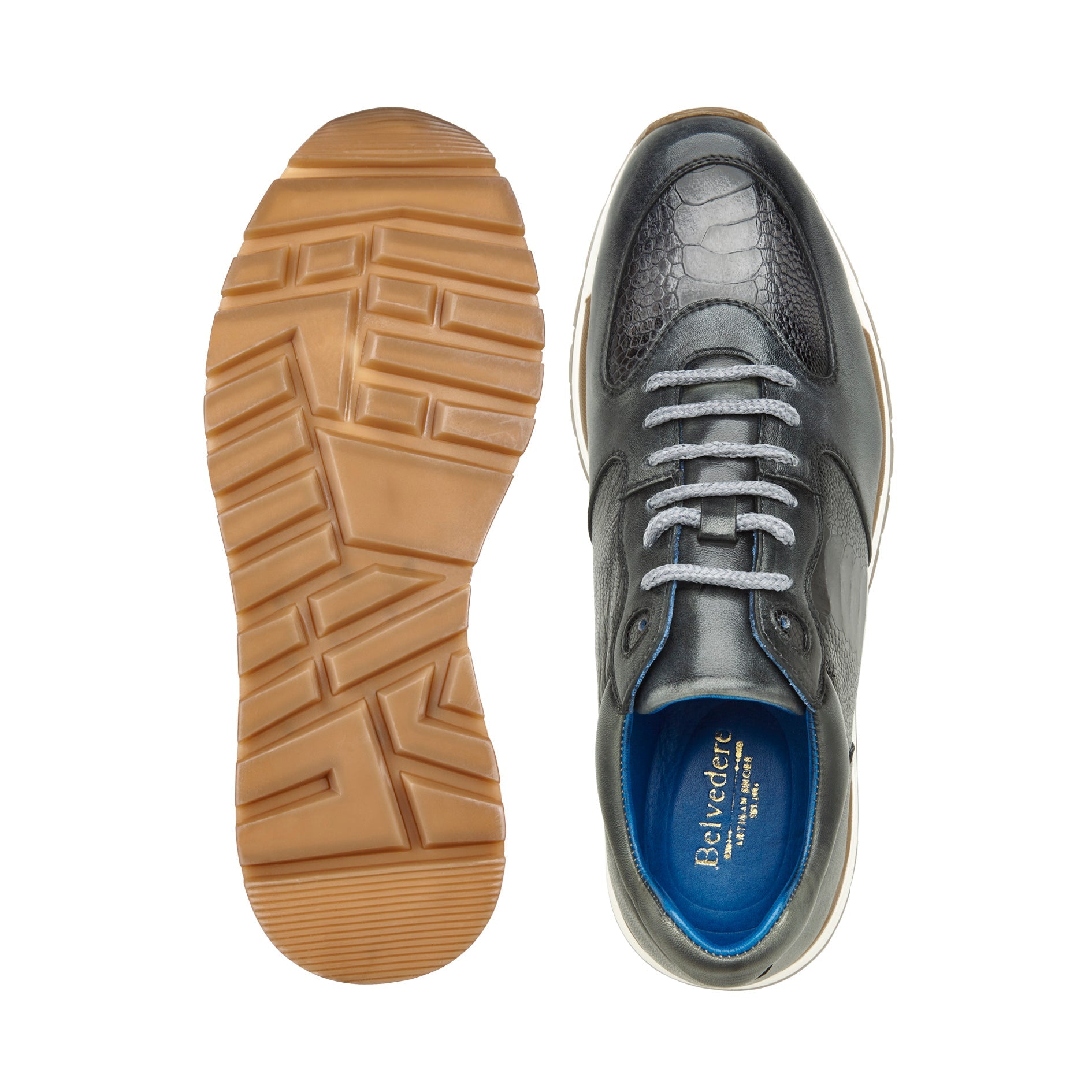 Belvedere Bobo Genuine Ostrich Leg & Italian Calf Leather Sneakers in Antique Light Gray - G01 | Luxury Casual Shoes for Men | Perfect for Business Casual & Evening Outings