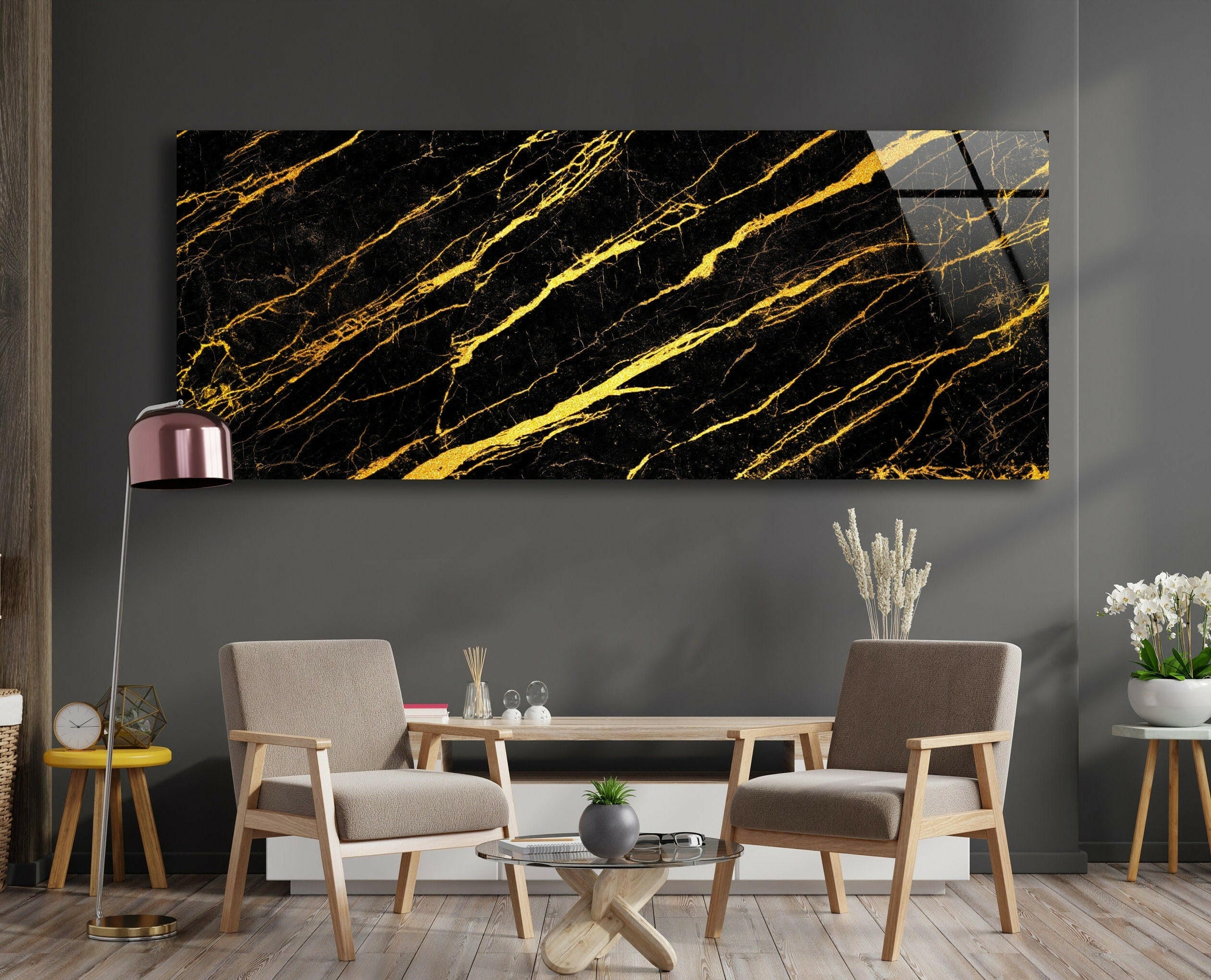 Elegant Black Marble with Gold Veins Glass Wall Art - Modern Home Decor for Living Room, Bedroom & Office