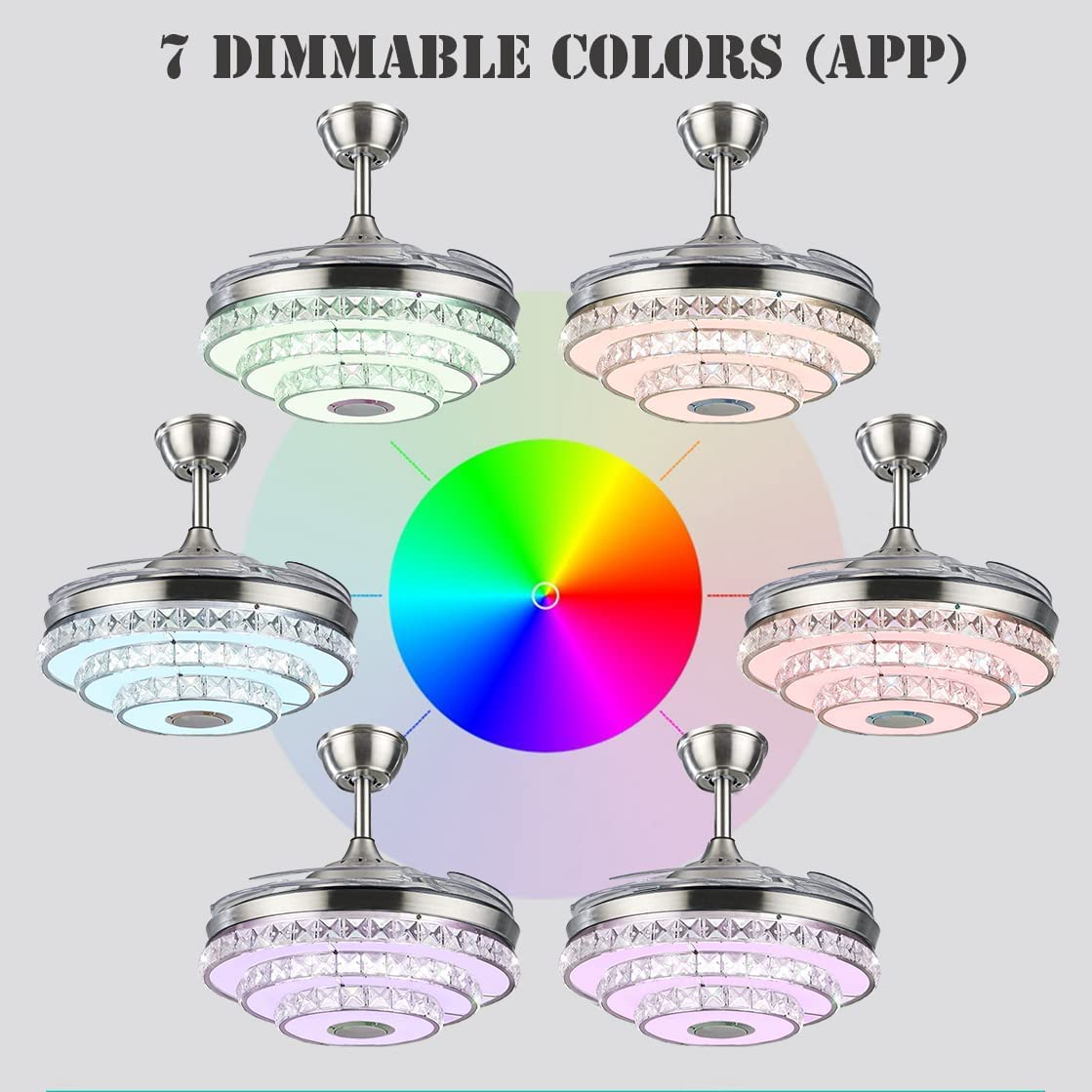 42 Inch Smart Bluetooth Ceiling Fan with LED Light & Speaker - Remote Control, 7 Color Dimmable Lighting, 3 Speed Silent Motor - Perfect for Bedroom, Living Room, and Outdoor Patio