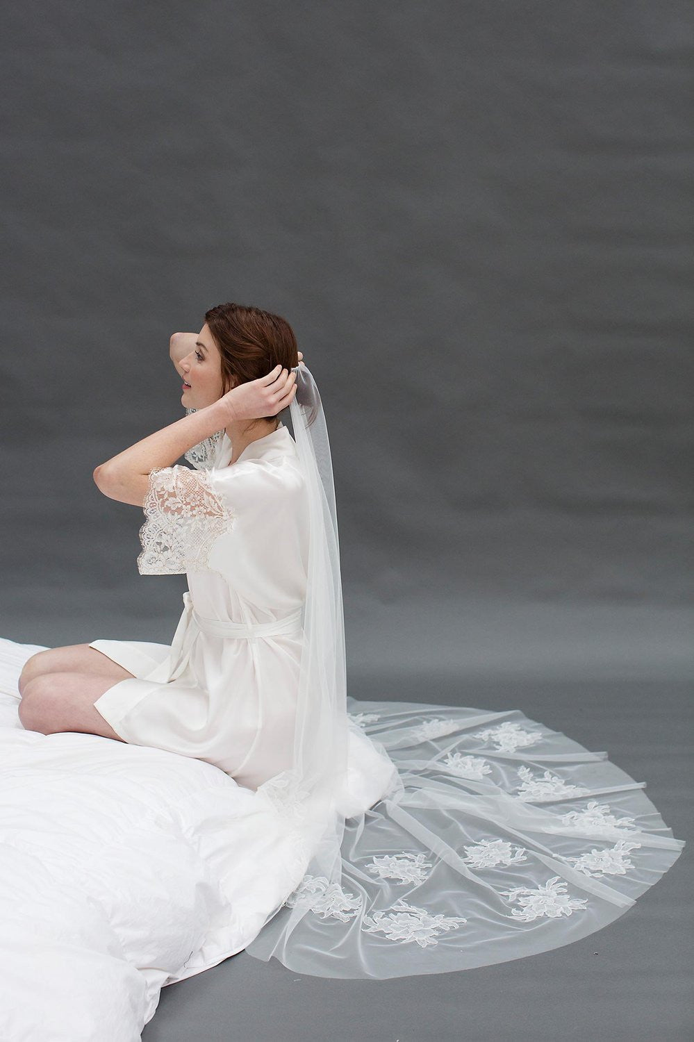 Elegant Floating Roses French Lace Wedding Veil in Ivory - Perfect for Bridal Ceremony & Romantic Photo Shoots