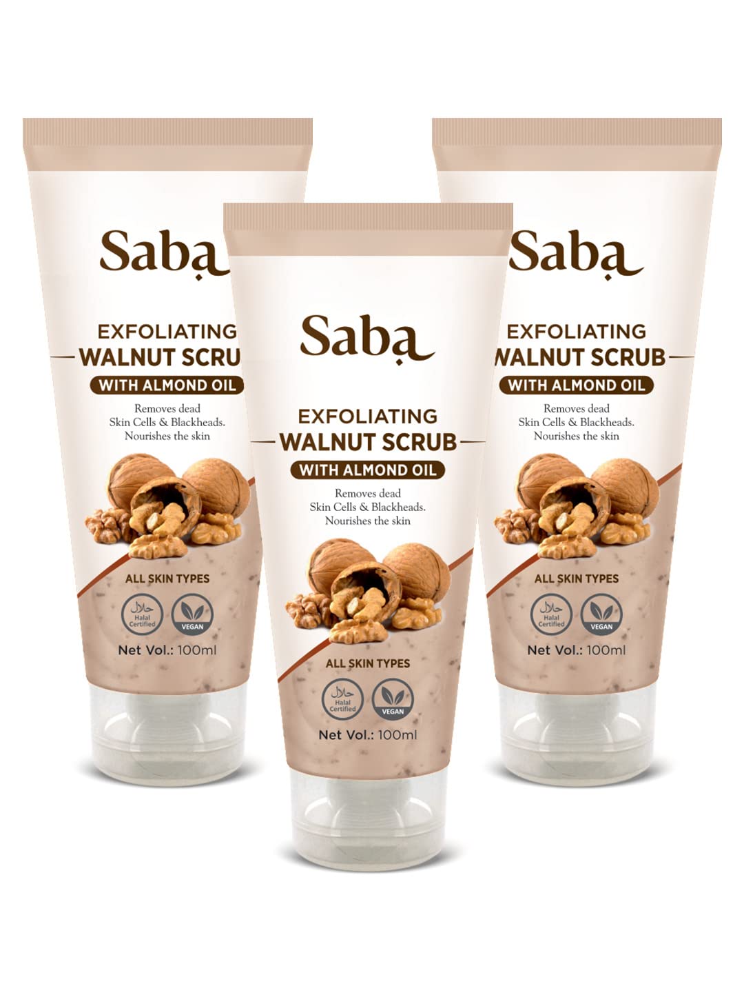 **Saba Exfoliating Walnut Scrub, Daily Moisturizing & Anti-Acne Neem Face Wash Combo – 3-Pack (100ml Each) for All Skin Types – Deep Cleansing, Hydration & Acne Control – Perfect for Daily Skincare Routine**