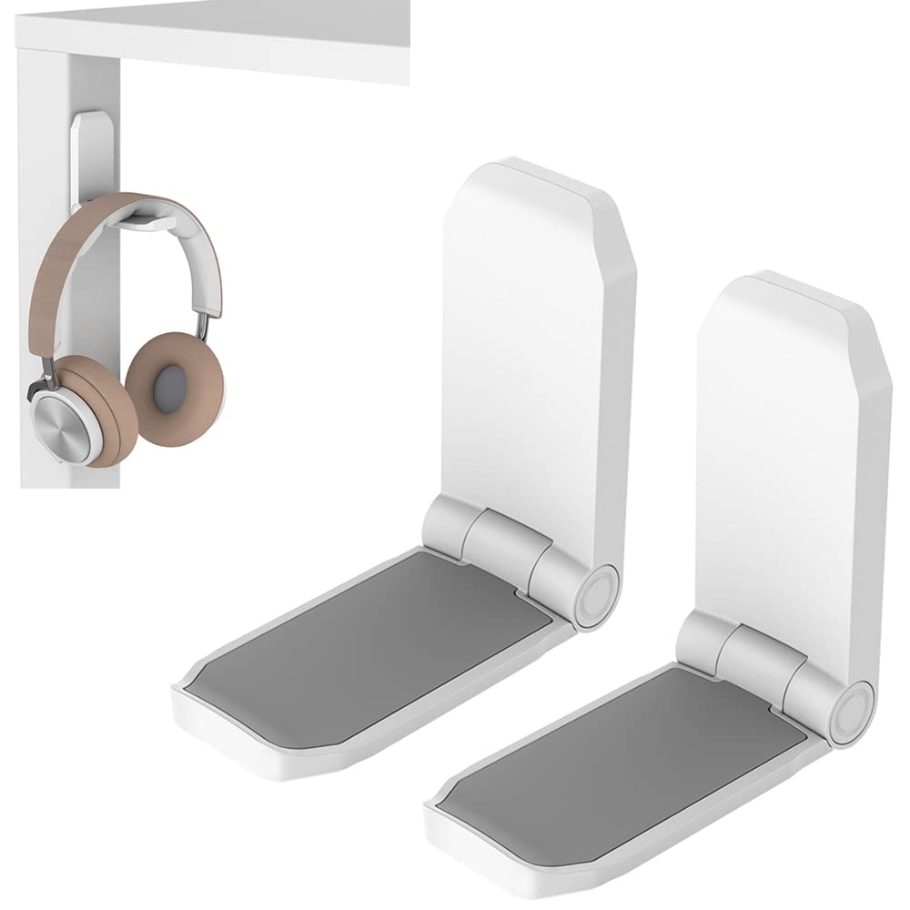 KIWIFOTOS 2-Pack White Adhesive Headphone Hanger - Under Desk & Wall Mountable Foldable Hook for Gaming Headsets, PC Accessories | Perfect for Home Office, Gaming Setup & Workspace Organization