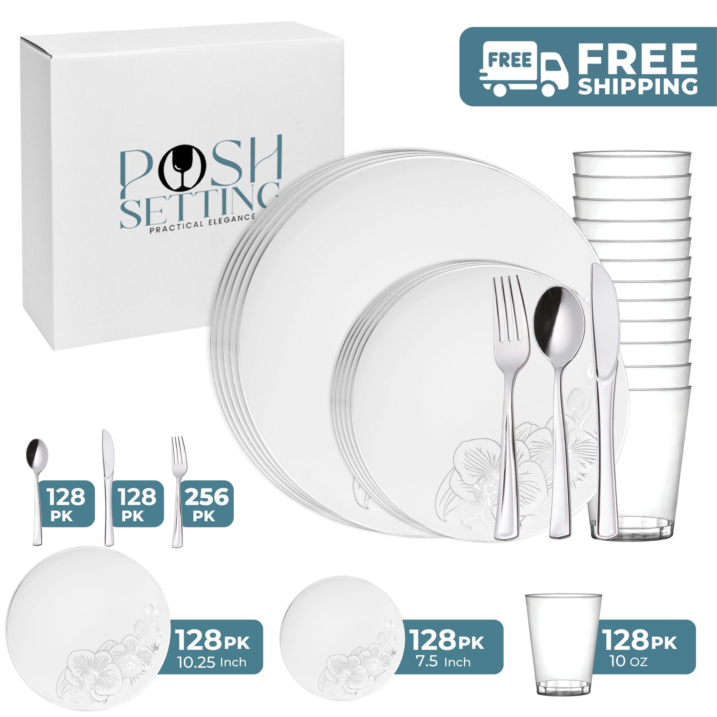 White and Silver Plastic Party Bundle - Elegant Orchid Theme for Weddings, Birthdays & Special Events - Bulk Disposable Tableware Set