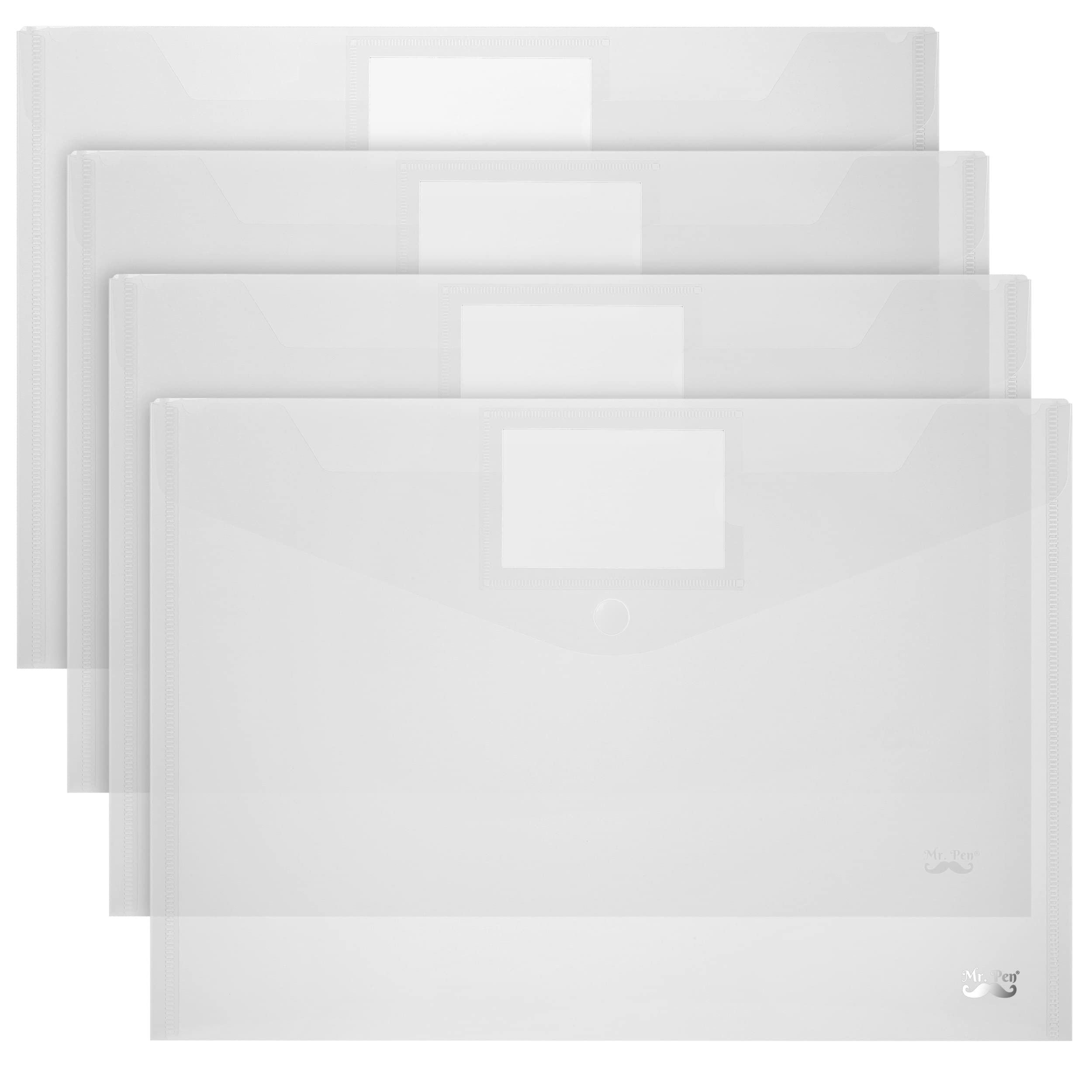 Mr. Pen Clear Plastic Envelopes - 4 Pack A4 Letter Size Snap Closure Poly Envelopes | Waterproof Document Holders for School, Office & Mailing | Folders for Papers, Photos & Important Documents