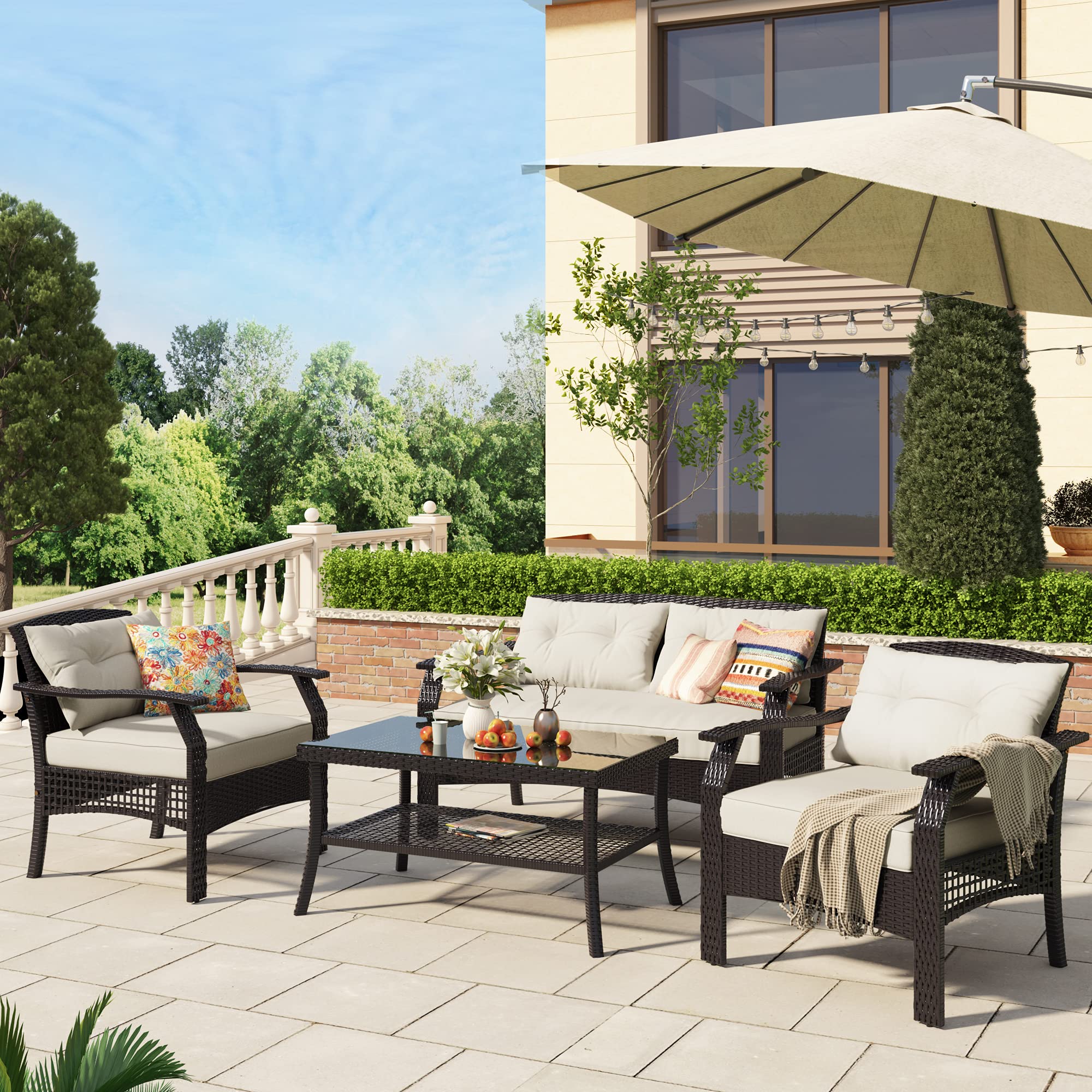 4-Piece Outdoor Patio Furniture Set with Coffee Table & Soft Cushions - 2 Chairs Conversation Set for Porch, Garden, Backyard, Poolside - Durable Weather-Resistant Wicker for Relaxing & Entertaining Outdoors