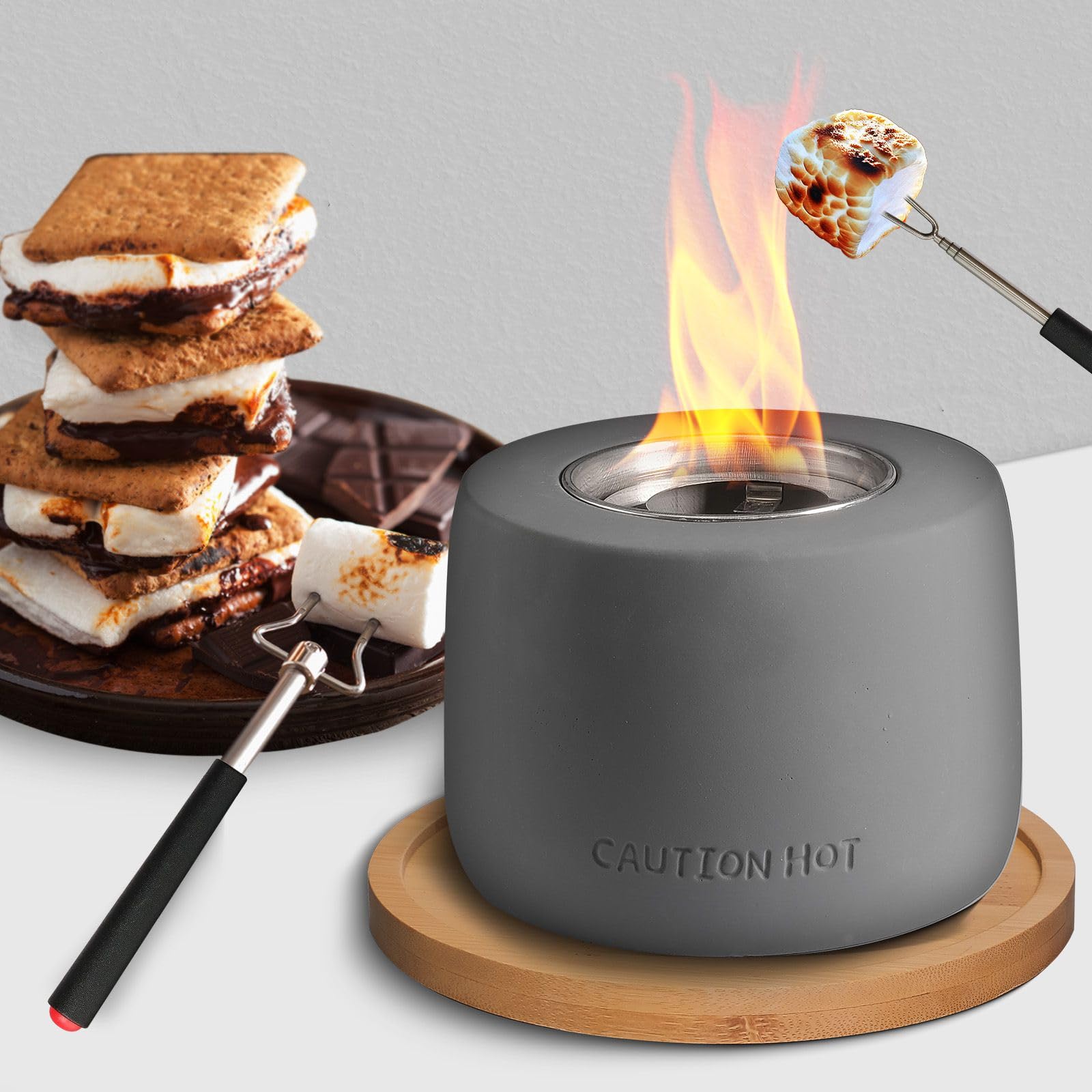Premium Smores Maker Kit - Indoor Tabletop S'Mores Set with Forks & Wooden Base - Mini Fire Pit for Home, Camping & Parties - Dark Grey Round Gift Box - Perfect for Family Gatherings, Backyard BBQs & Cozy Nights