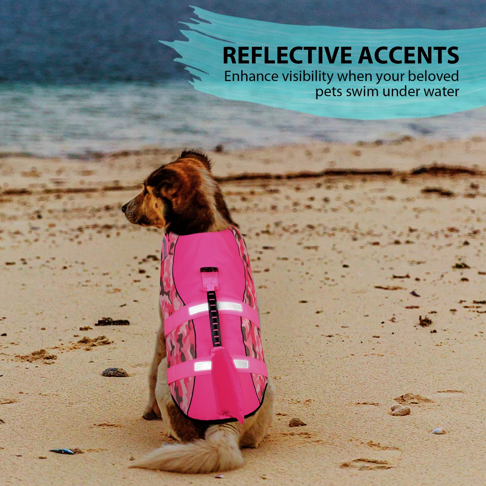 Queenmore Dog Life Jacket - Ripstop Shark Safety Vest with Adjustable Straps & Rescue Handle - High Buoyancy Dog Floatation Device for Small/Medium/Large Dogs - Pink Camouflage XX-Large - Perfect for Swimming, Boating & Water Adventures