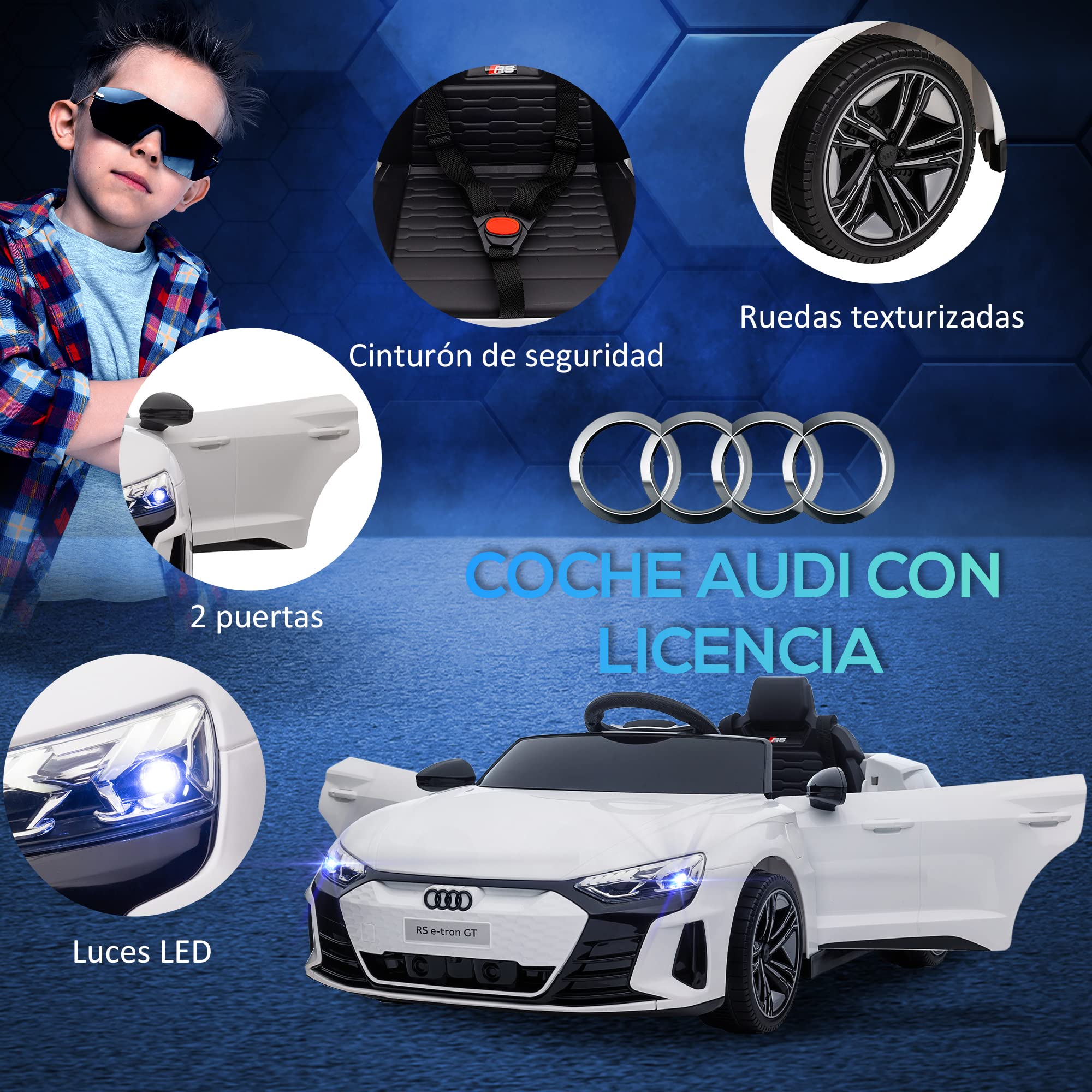 HOMCOM Electric Ride-On Car for Kids 3+ Years, Audi RS e-Tron GT 12V Battery-Powered Ride-On Toy with Remote Control, LED Headlights, Horn, USB Music & Door Opening, 3-5 km/h, White - Perfect for Outdoor Play, Birthday Gifts & Family Fun