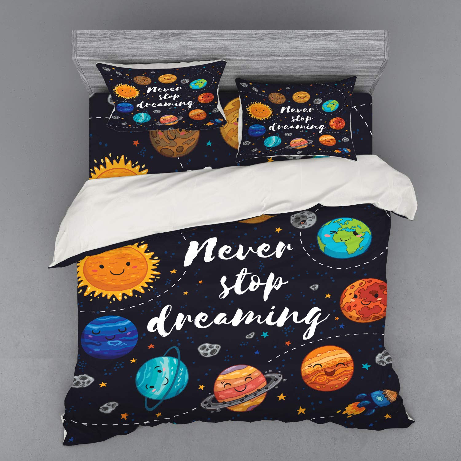 Ambesonne Space Themed 4-Piece King Size Bedding Set - Duvet Cover, Shams & Fitted Sheet with Solar System, Planets & Stars Design | Perfect for Astronomy Lovers & Sci-Fi Themed Bedrooms