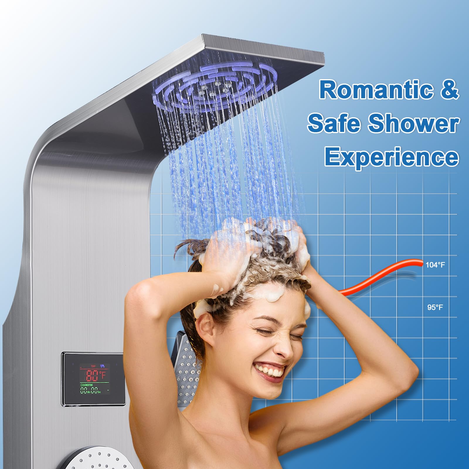 No Battery Needed Shower Panel Tower with LED Lights & Temperature Display - Rainfall, Mist & Body Jet Shower System with Handheld & Tub Spout | 304 Stainless Steel Brushed Finish | Perfect for Modern Bathroom Renovation & Spa-Like Shower Experience